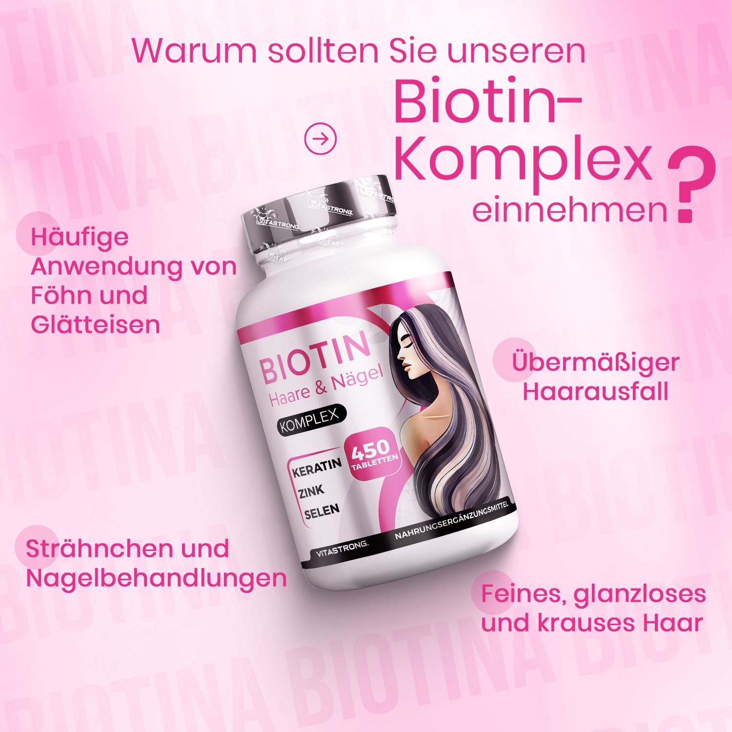 Flasche mit Tabletten. Text: Biotin Komplex, Selen, Zink, Keratin, 450 Tabletten. Aufschrift: Vitastrong.