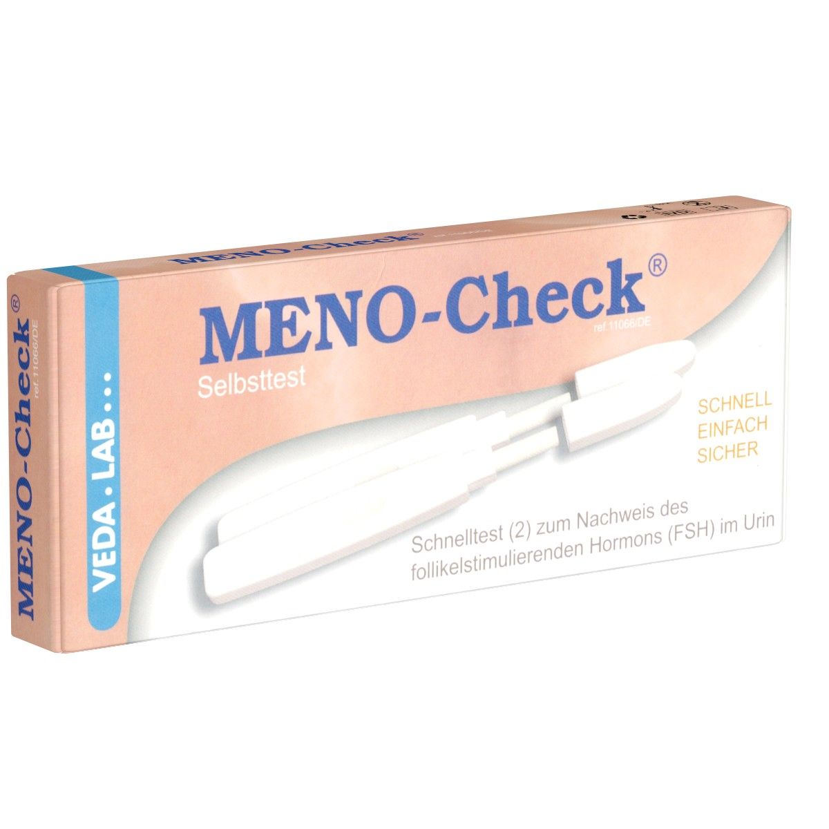 Verpackung von Meno-Check Selbsttest. Rosa-weißes Design mit Produktnamen und Veda.Lab Logo. Enthält zwei Teststreifen.