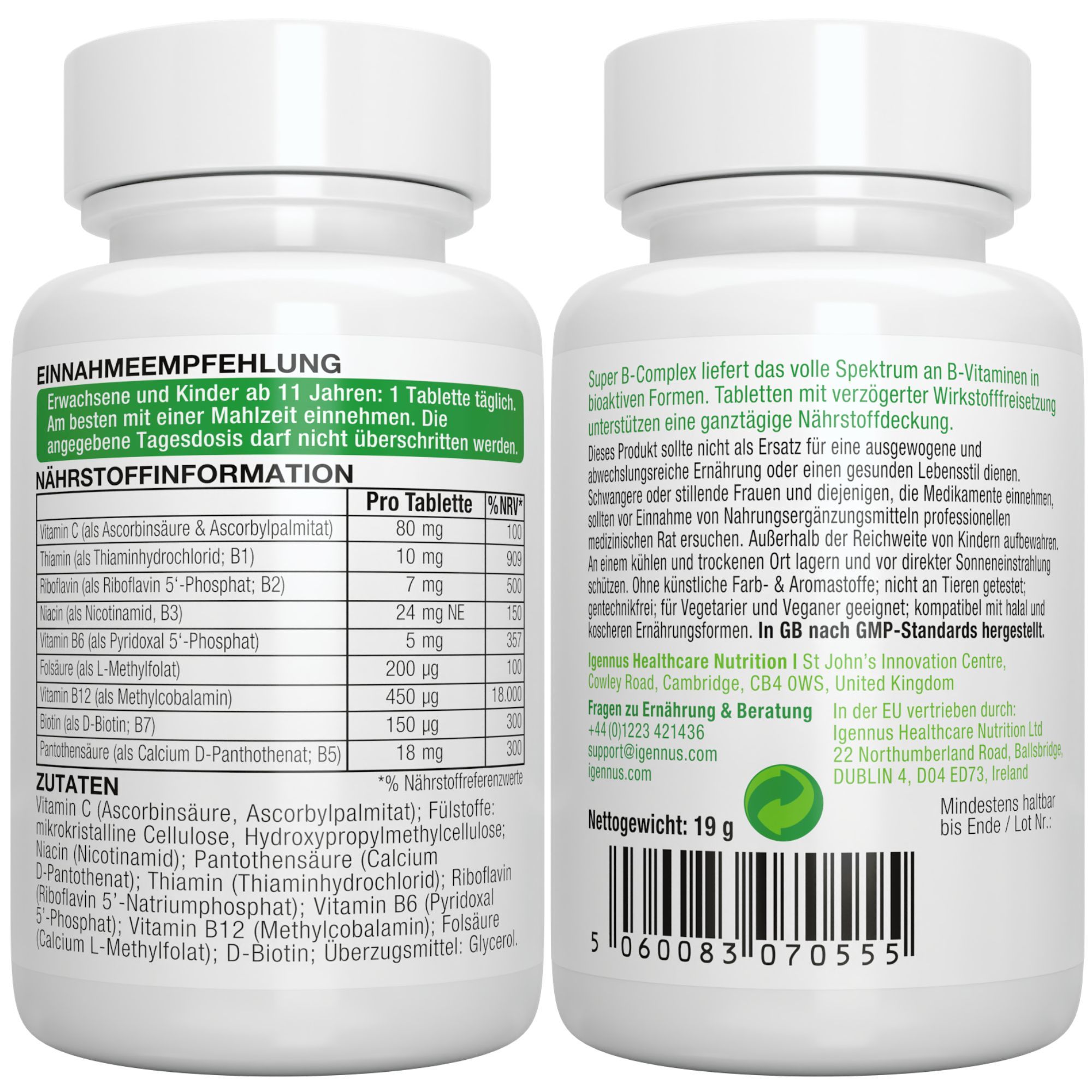 Igennus Super B-Komplex: Flasche mit 60 Tabletten, methylierte B-Vitamine & Vitamin C.