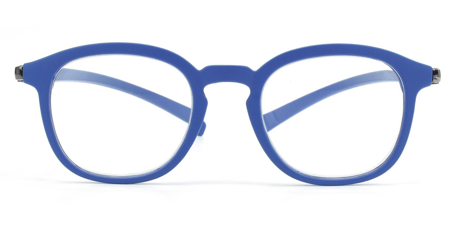 Blaue Brille mit runden Gläsern. Rahmen und Bügel sind blau. Die Brille hat eine Brücke und Scharniere.