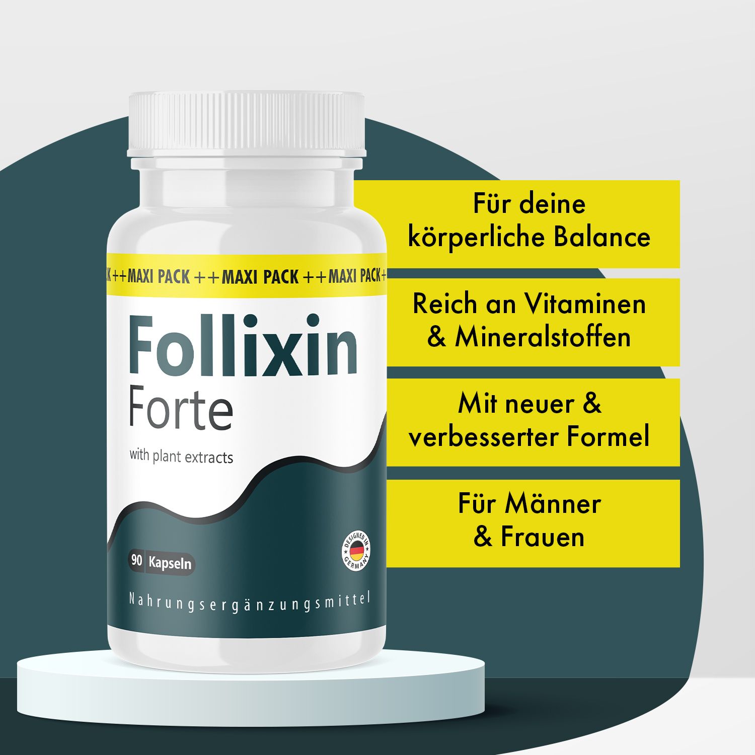 Follixin Forte Kapseln-Flasche. Weiße Flasche mit Kapseln, Etikett mit Produktnamen und Informationen. Gelbe Infografik mit Produktvorteilen.