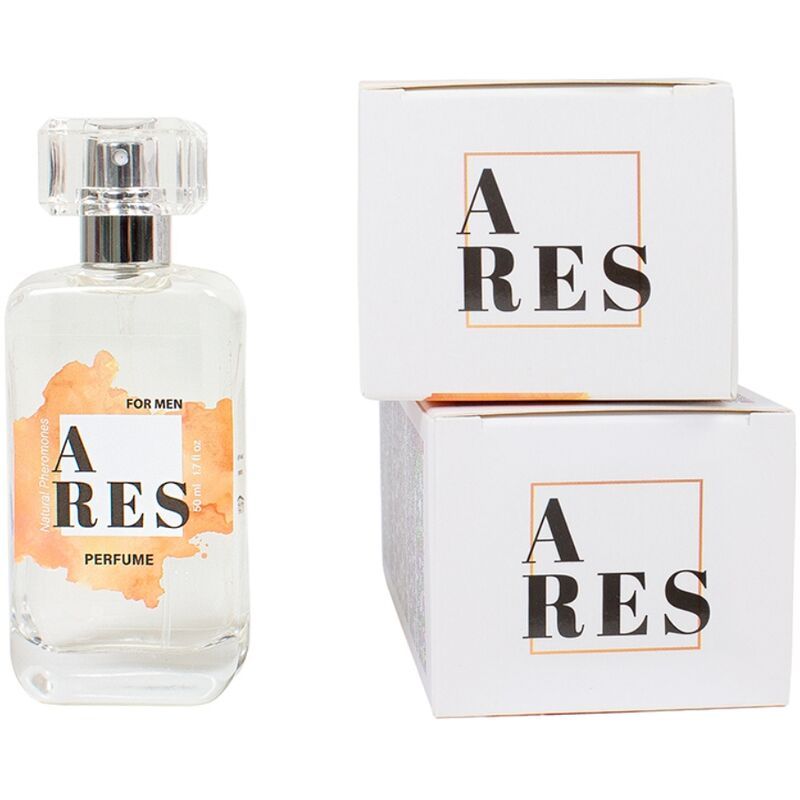 Klarer Flakon mit Aufschrift ARES, FOR MEN und PERFUME. Zwei weiße Schachteln mit ARES.