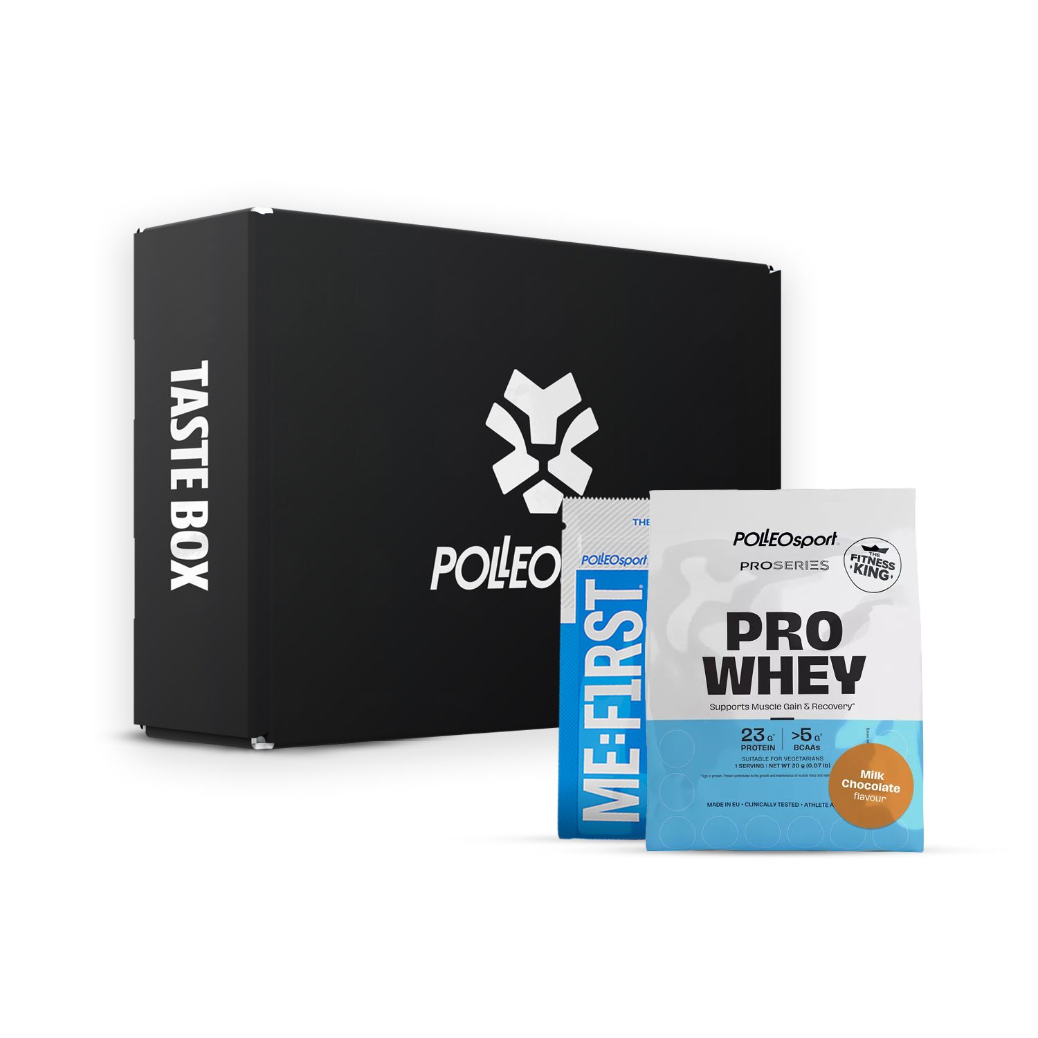 Schwarze Box mit weißem Logo und Schriftzug "TASTE BOX". Daneben zwei Whey-Protein-Proben. Blaue und weiße Verpackungen.