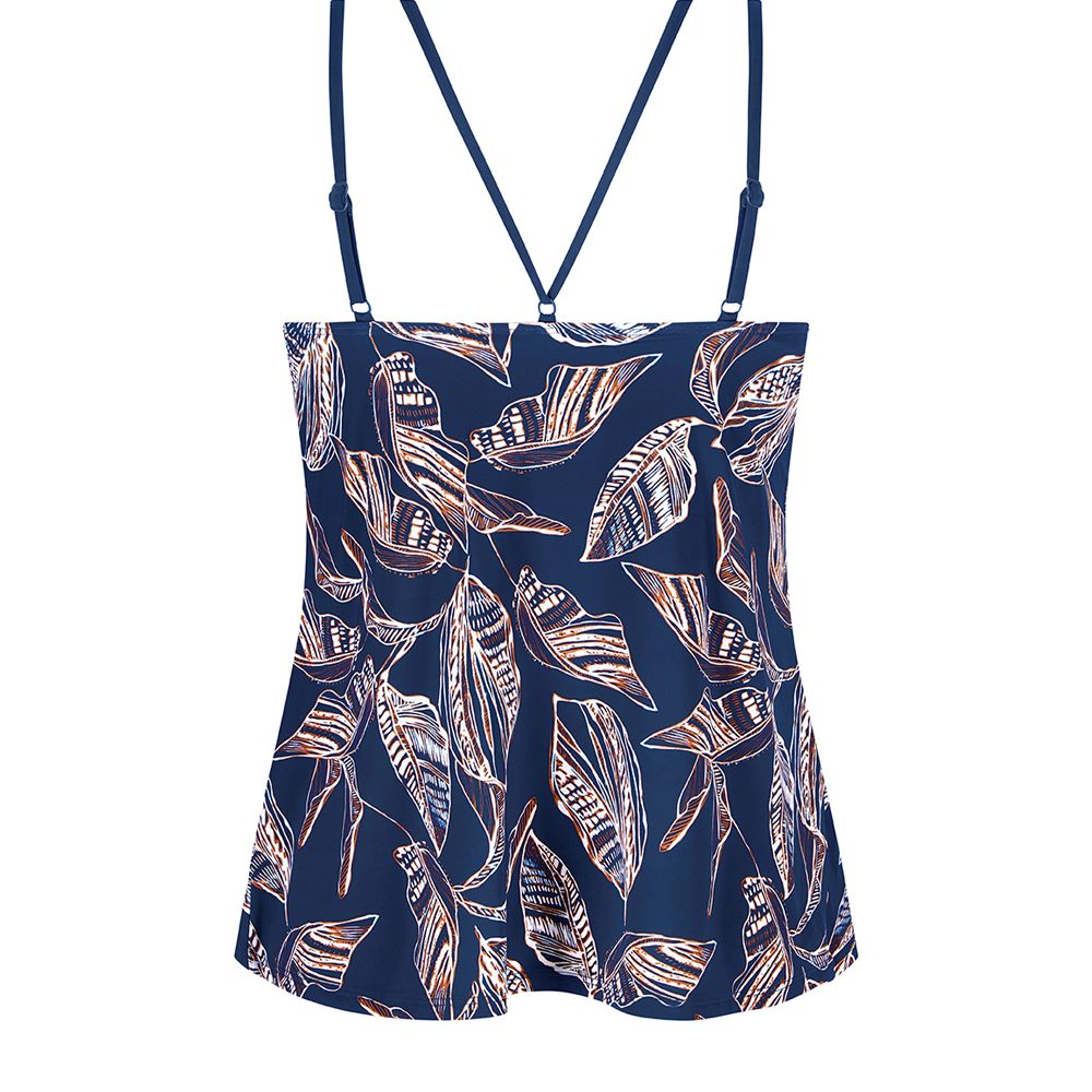 Rückansicht eines dunkelblauen Tankini-Tops mit Blattmuster. Spaghettiträger kreuzen sich am Rücken. Stoff mit braunen und weißen Blättern.