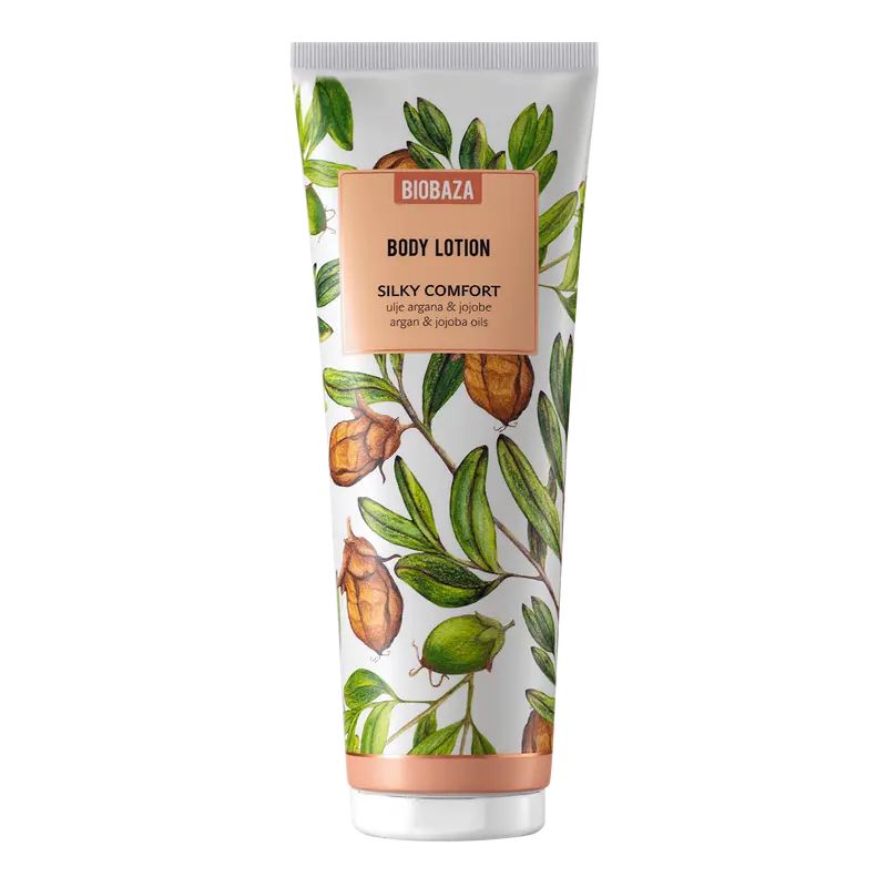 Körperlotion-Tube mit floralem Muster. Aufschrift: Biobaza, Body Lotion, Silky Comfort, mit Argan- und Jojobaölen.