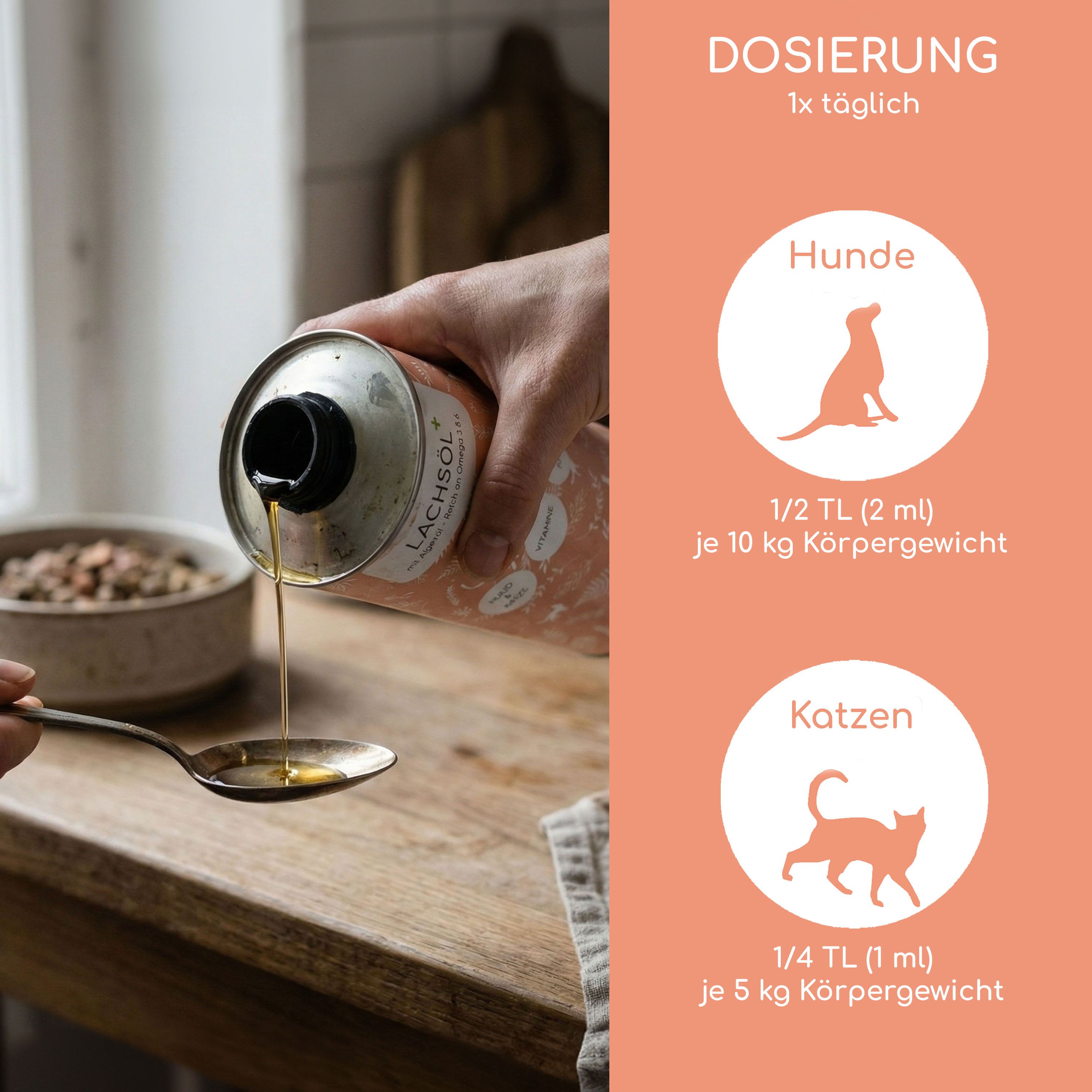 Hand gießt Lachsöl aus einer Dose in einen Löffel. Dosierung: 1x täglich. Angaben für Hunde und Katzen mit Mengenangaben.