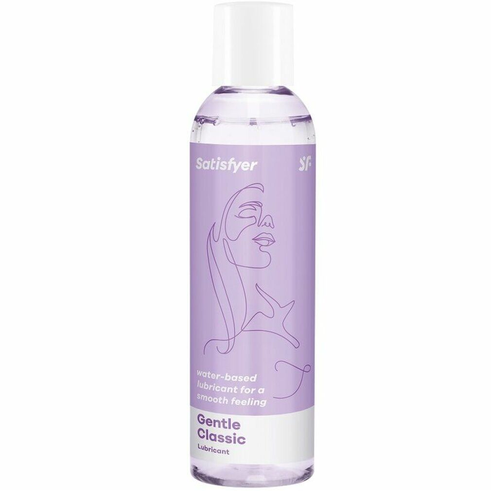 Flasche mit lila Etikett. Aufschrift: Satisfyer, Gentle Classic. Wasserbasiertes Gleitmittel.