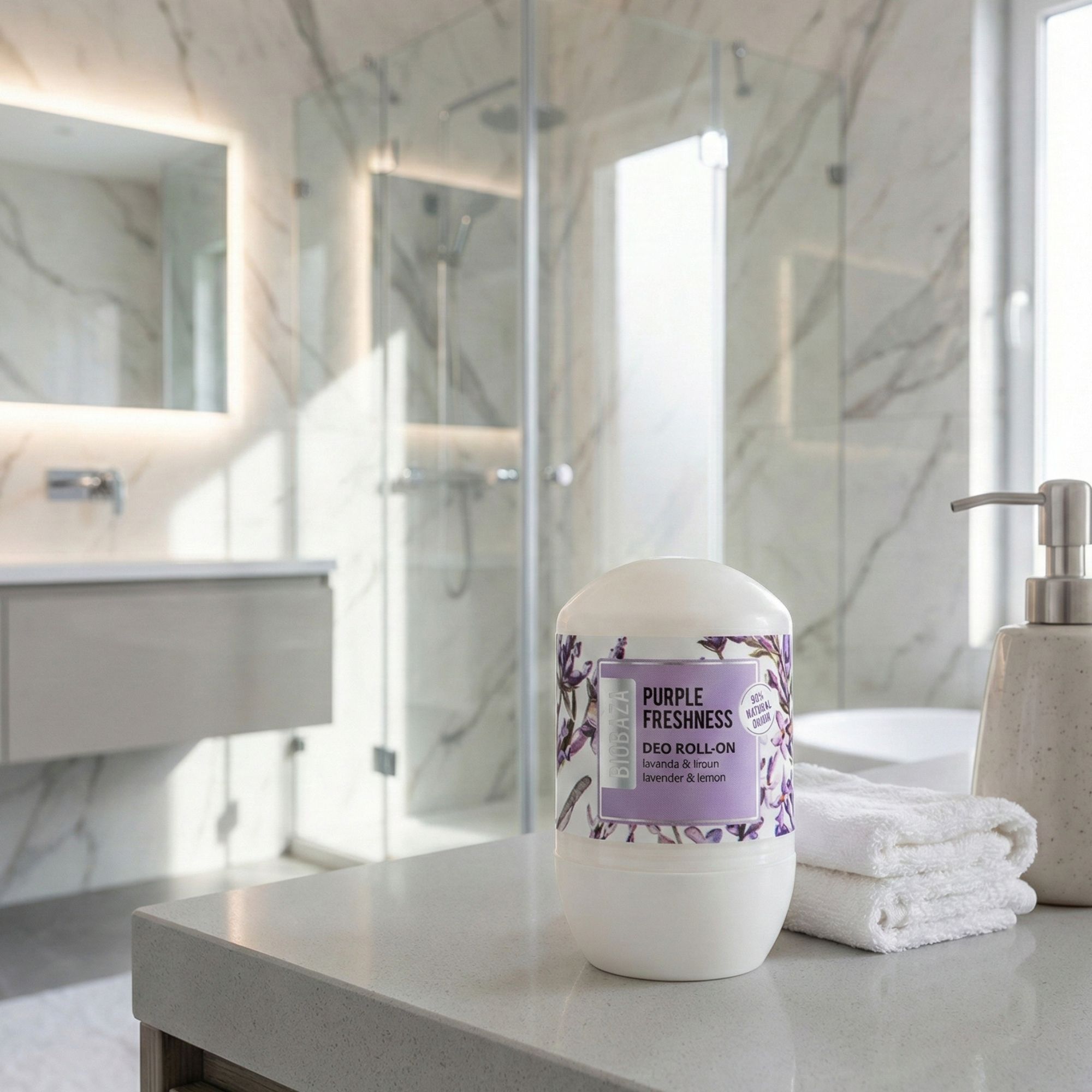 Weißer Roll-on-Deo auf einer Theke. Aufschrift: Purple Freshness, lavanda & limun, lavender & lemon. Im Hintergrund ein Badezimmer.