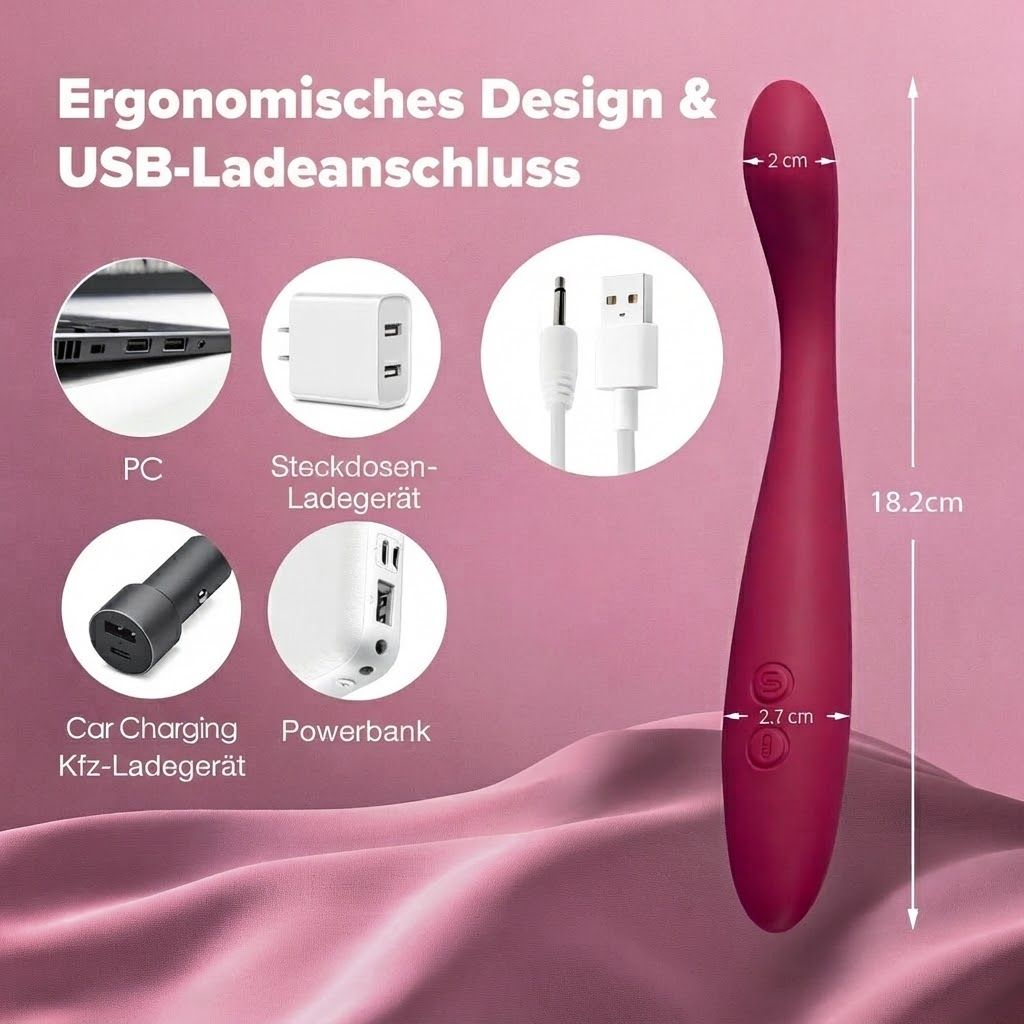 Lila Vibrator mit Maßen: 18,2 cm Länge, 2 cm und 2,7 cm Durchmesser. Ergonomisches Design, USB-Ladeanschluss.