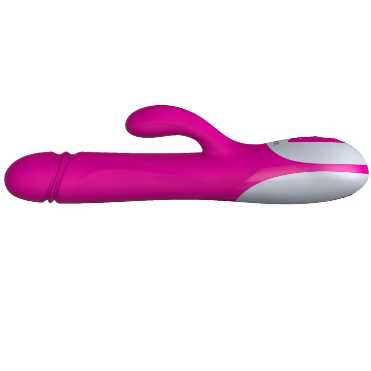 Pinkfarbener Vibrator mit gebogener Spitze und Bedienfeld. Marke: Vnalone. Weißes Bedienfeld mit Knöpfen.