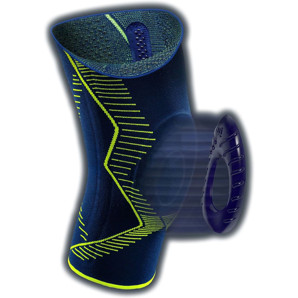 Marineblaue Kniebandage mit neongelben Details und separatem, blauem Ring. Auf weißem Hintergrund.