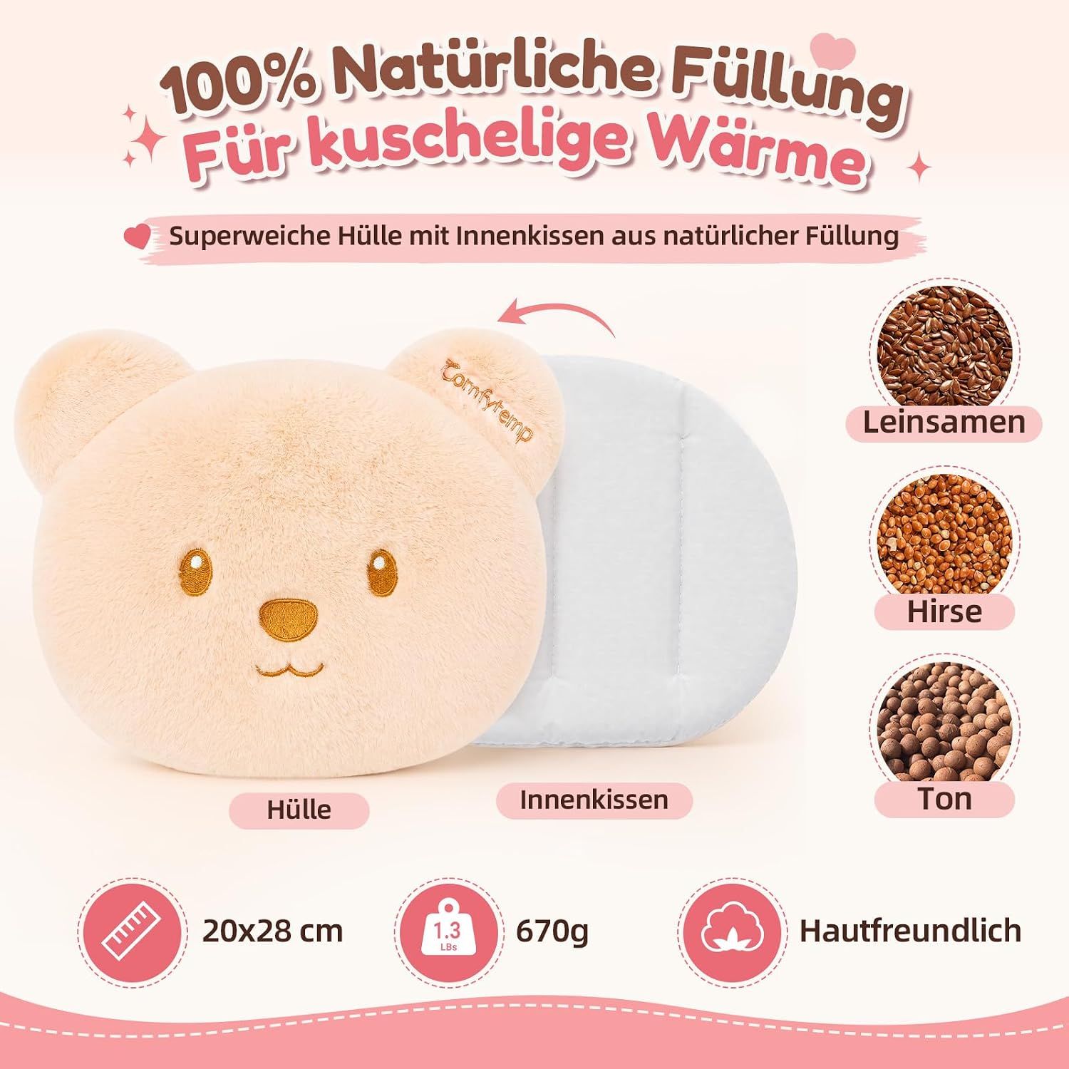 Bärchenförmiges Wärmekissen (20x28cm, 670g) mit natürlicher Füllung aus Leinsamen, Hirse und Ton.