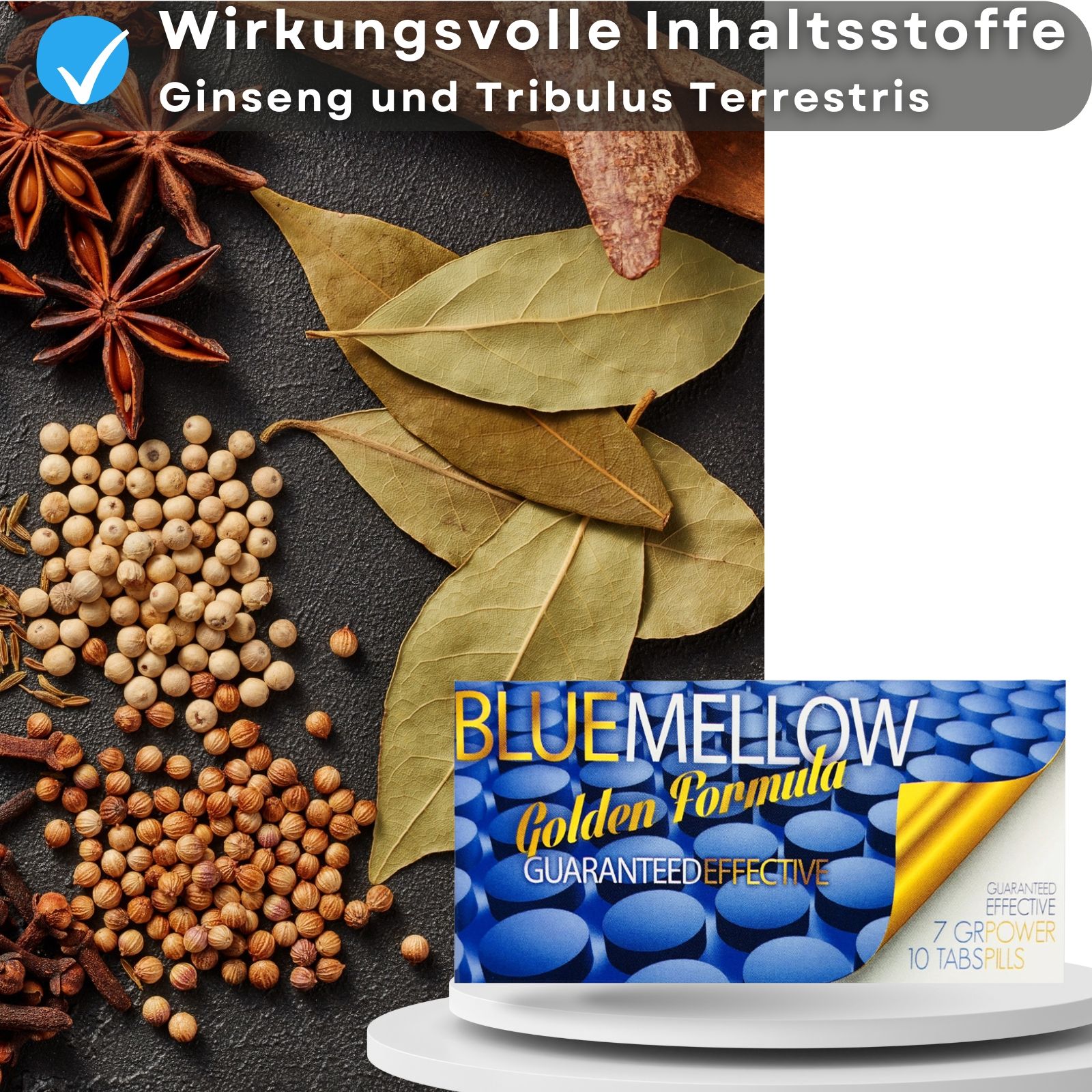 Verschiedene Gewürze und Produktverpackung. Aufschrift: BLUE MELLOW Golden Formula. 7 GR POWER, 10 TABS/PILLS.