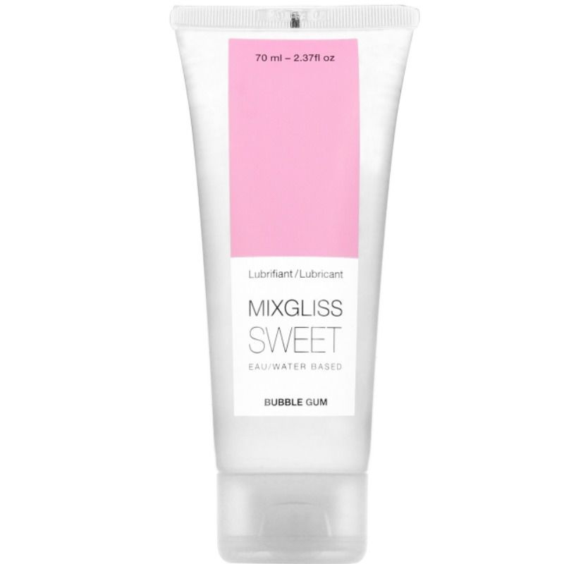 Transparente Tube mit rosa Etikett. Aufschrift: MIXGLISS SWEET, Bubble Gum. Oben: 70 ml - 2.37 oz.