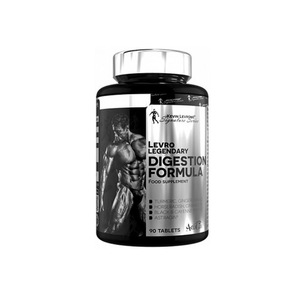 Schwarze Flasche mit weißem Etikett. Aufschrift: Levro Legendary Digestion Formula. 90 Tabletten. Marke: Kevin Lervone.
