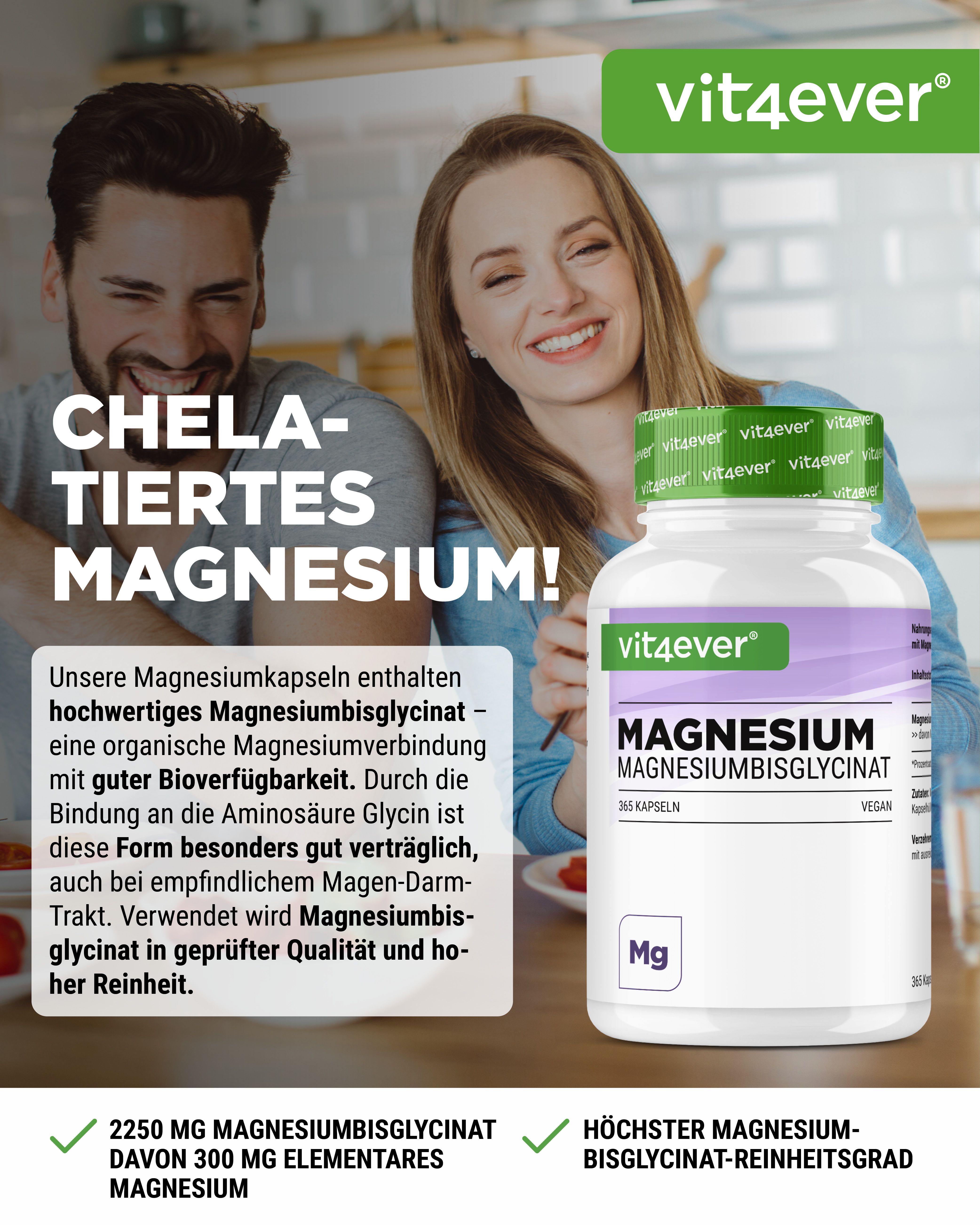 Weißes Pillenbehälter mit grünem Deckel. Aufschrift: vit4ever, Magnesiumbisglycinat. Text: Chelatierte Magnesium.