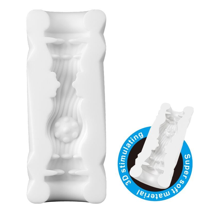 Weißes, längliches Produkt mit inneren Strukturen und abgerundeten Enden. Zusätzliches Produkt mit Text.