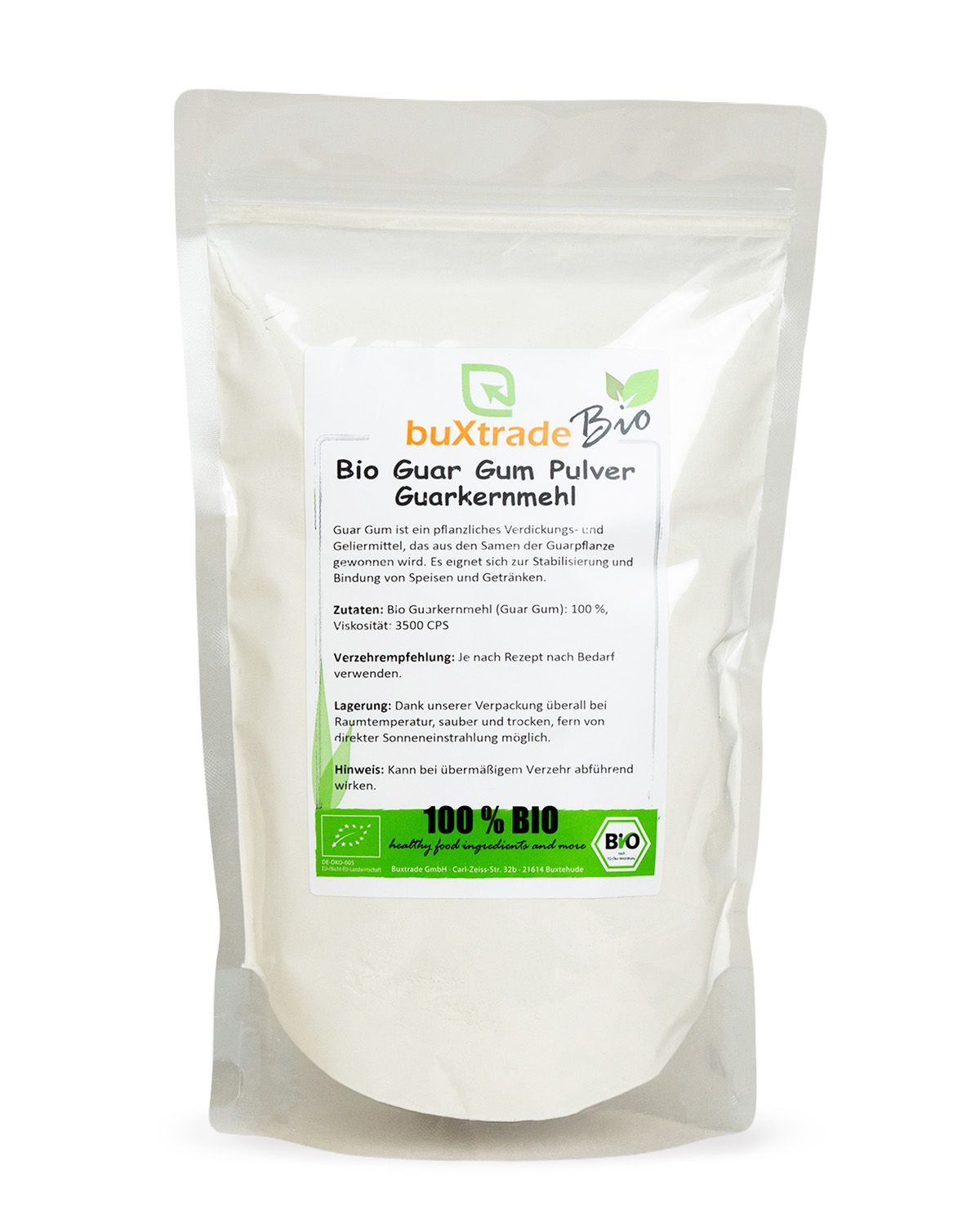 Verpackung von buxtrade Bio Guar Gum Pulver, 100% Bio.