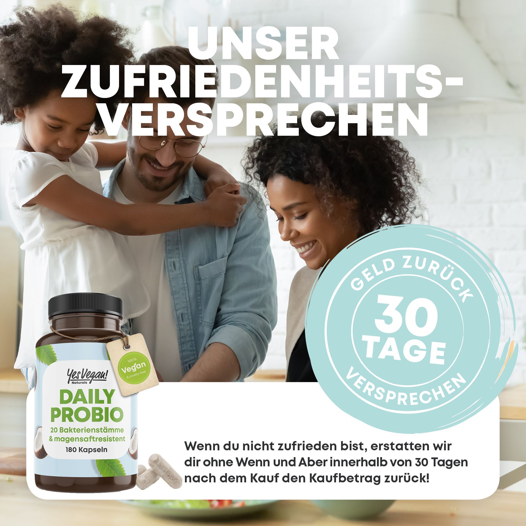 Familie lacht, daneben eine Dose Daily Probio und Kapseln. "30 Tage Geld zurück"-Siegel.