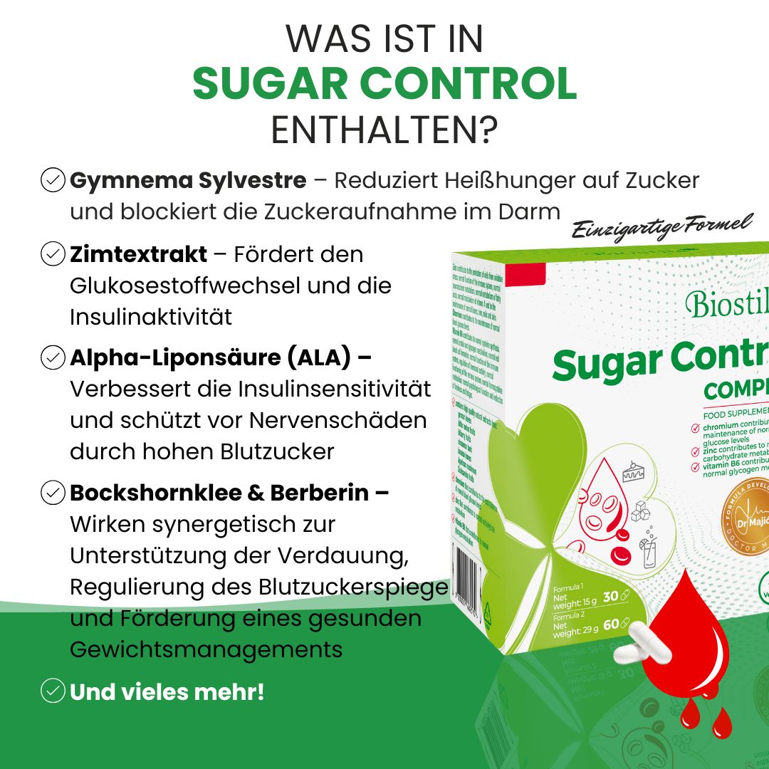 Biostile Sugar Control Komplett Verpackung mit Liste der Inhaltsstoffe wie Gymnema Sylvestre und Zimtextrakt.