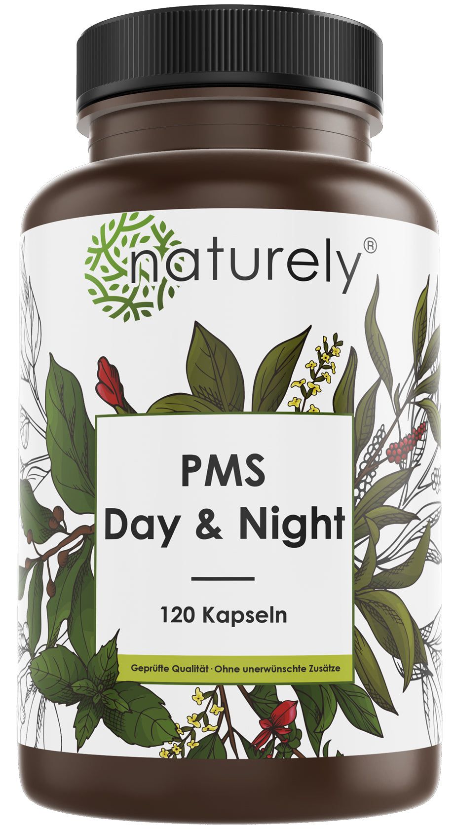 Braune Flasche mit schwarzem Deckel. Etikett mit "naturely" und "PMS Day & Night". 120 Kapseln. Pflanzliche Illustrationen.