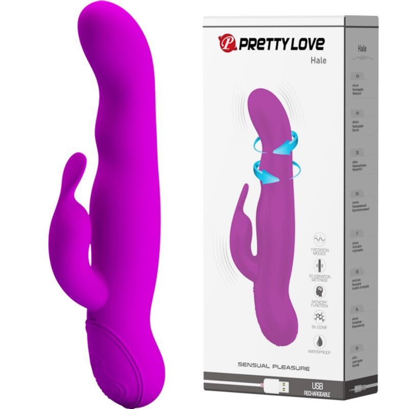 Lila Vibrator mit Verpackung. Auf der Verpackung steht "Pretty Love Hale".