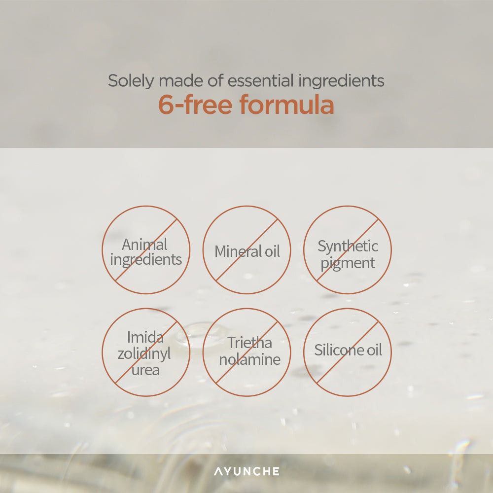 Grafik mit Symbolen, die Inhaltsstoffe kennzeichnen, die nicht im Produkt enthalten sind. Text: 6-freie Formel. AYUNCHE Logo.