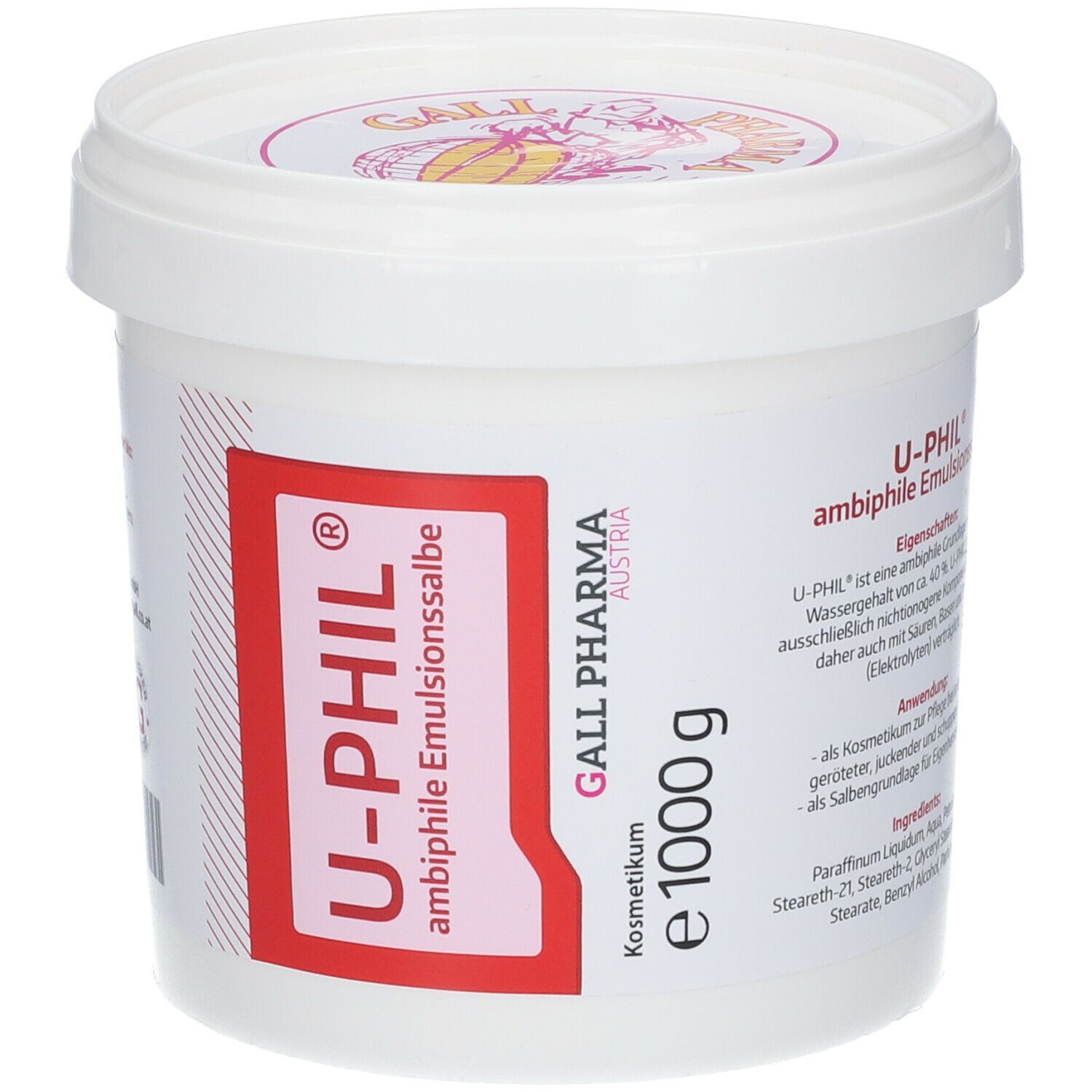 Weißer Tiegel mit Deckel. Rotes Etikett mit "U-PHIL® ambiphile Emulsionssalbe" und "e 1000 g". Text und Logos.