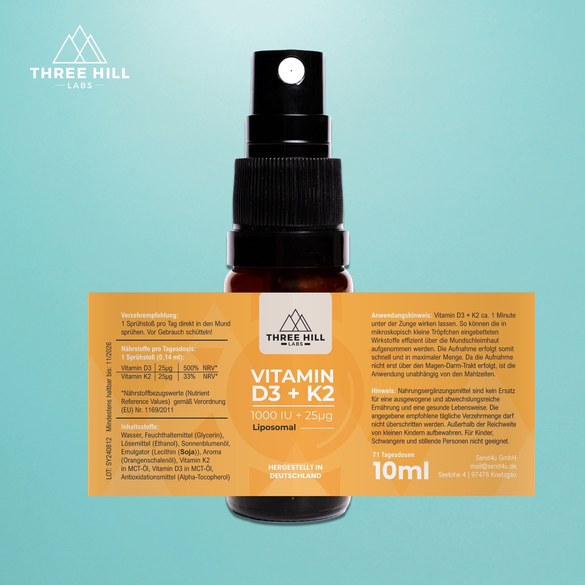 Braune Sprühflasche mit gelbem Etikett. Text: Vitamin D3 + K2, 1000 IE + 25µg. Inhaltsstoffe und Anwendungshinweise. Marke: Three Hill Labs. 10ml.