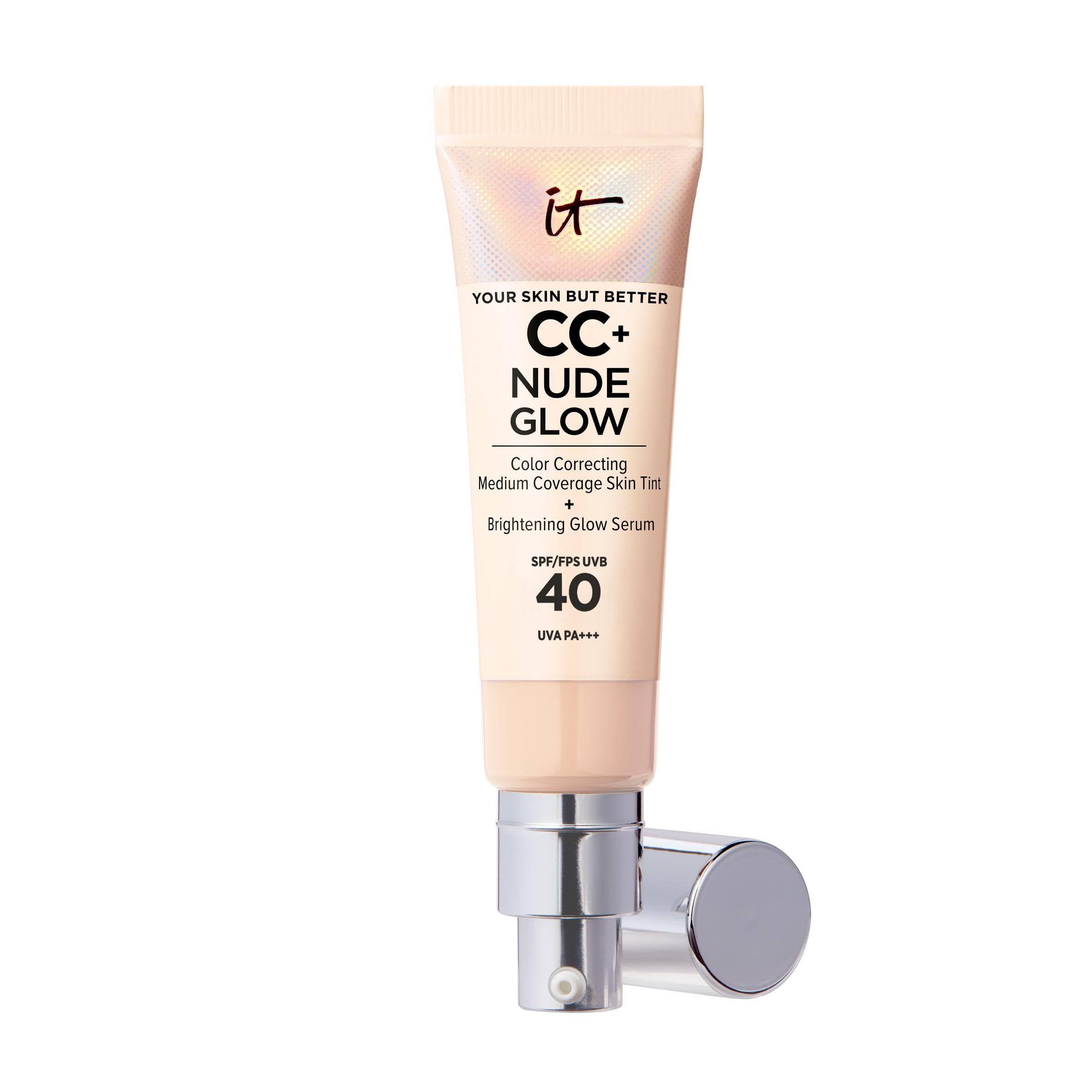Tube CC+ Nude Glow, SPF 40. Farbkorrigierende, leichte Foundation mit Glow Serum. Auf weißem Hintergrund.