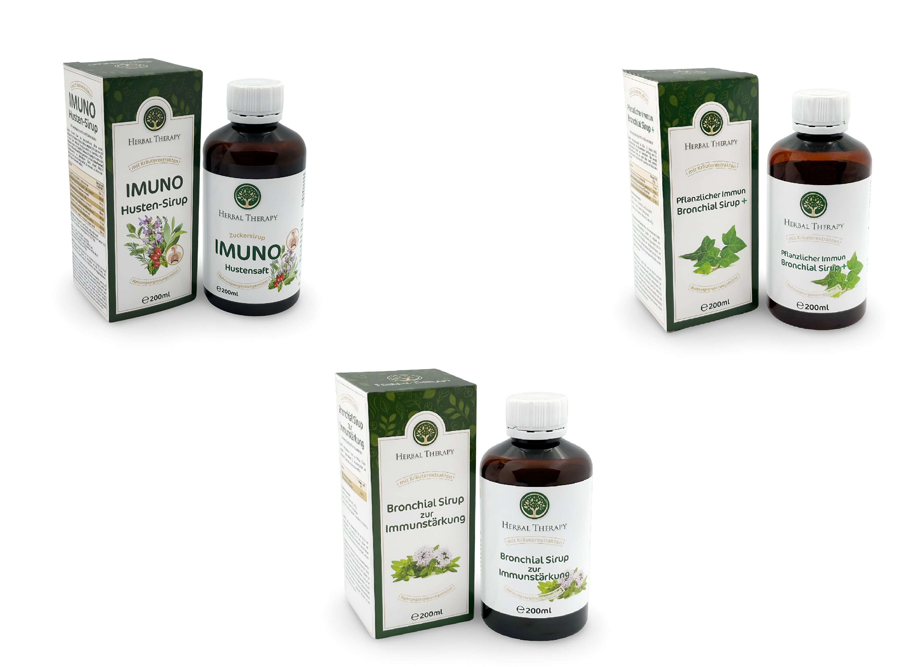 Drei Flaschen und Kartons. Aufschrift: Imuno Husten-Sirup, Bronchial Sirup. Braune Flaschen, weiße Deckel, grüne Verpackung.