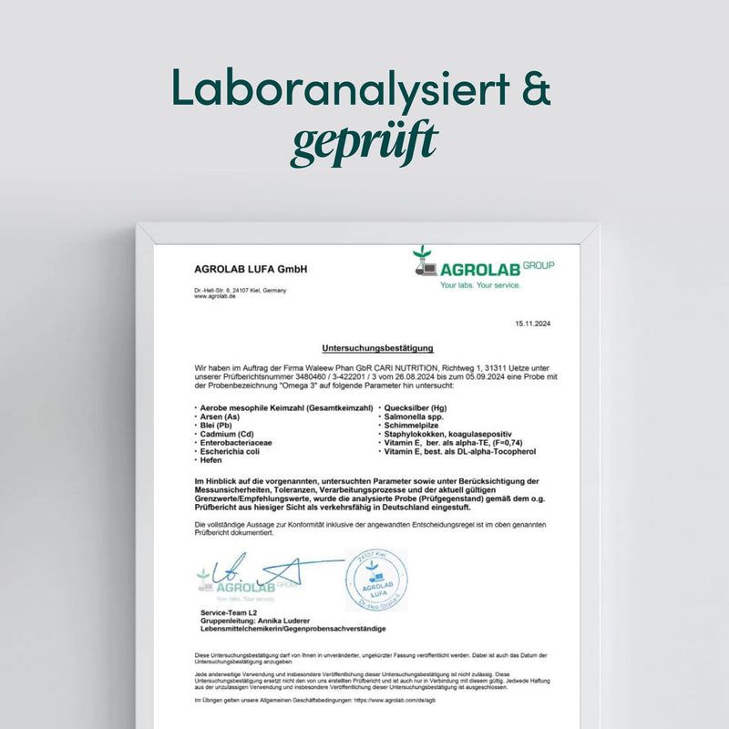 Laborbericht von Agrolab für Cari Nutrition Omega 3, datiert 15.11.2020.