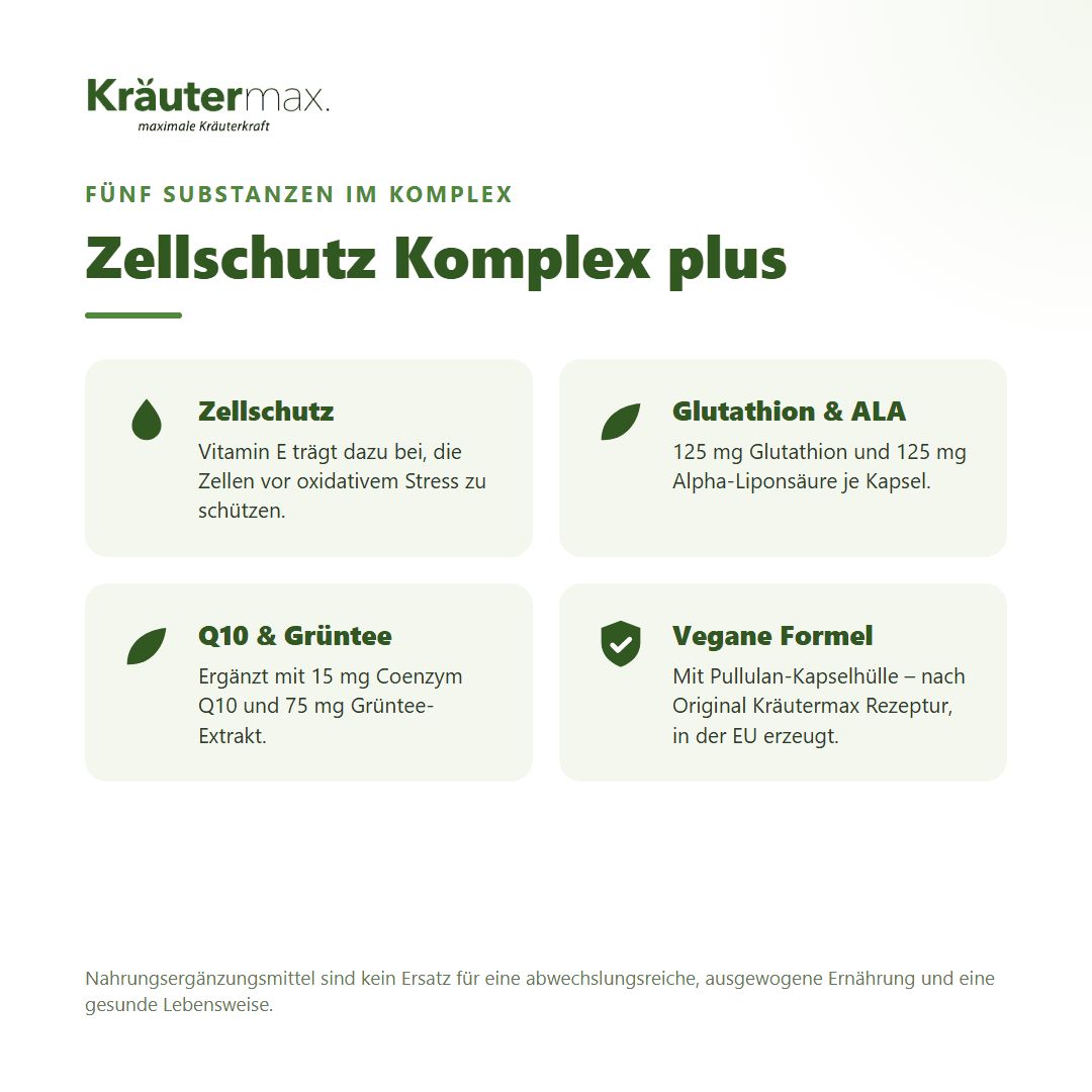 Kräutermax Zellschutz Komplex plus: Fünf Substanzen im Komplex, vegane Formel.