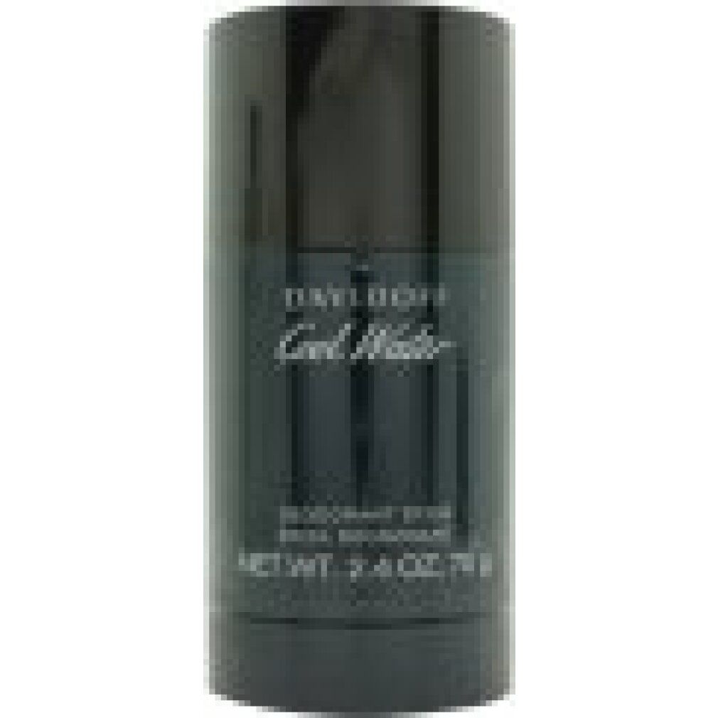 Davidoff Cool Water Deodorant Stick. Schwarze zylindrische Form. Produktbezeichnung und Nettogewicht sind sichtbar.