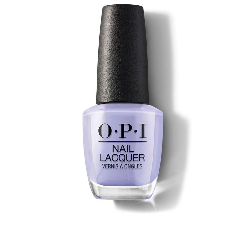 Eine Flasche Nagellack von O.P.I. mit lila Lack und schwarzem Deckel. Aufschrift: "O.P.I NAIL LACQUER".