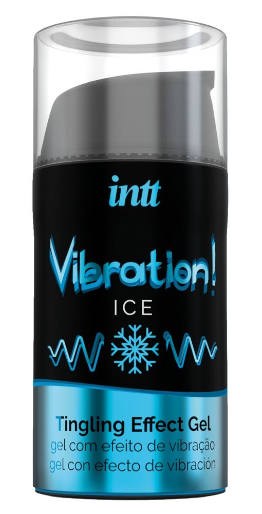 Zylindrische Flasche mit schwarzem Etikett. Aufschrift: INTT, Vibration! ICE, Tingling Effect Gel. Mit Pumpkopf und transparentem Deckel.
