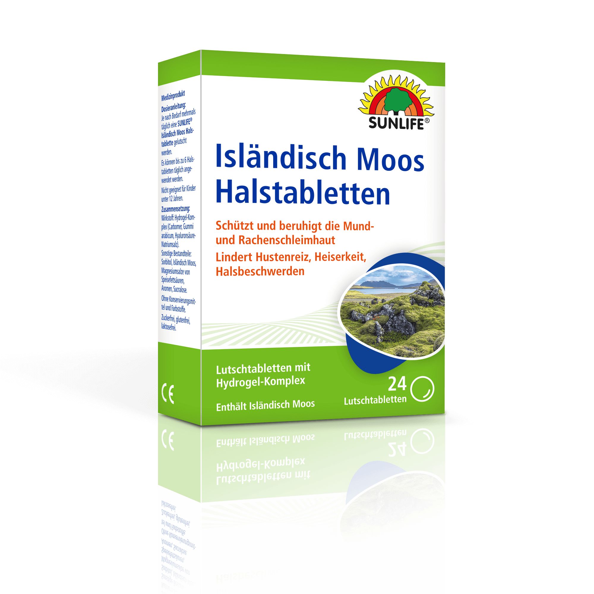 Sunlife Halstabletten Isländisch Moos Verpackung. Grün-weiße Schachtel mit Produktnamen und Logo. 24 Lutschtabletten. Spiegelung.