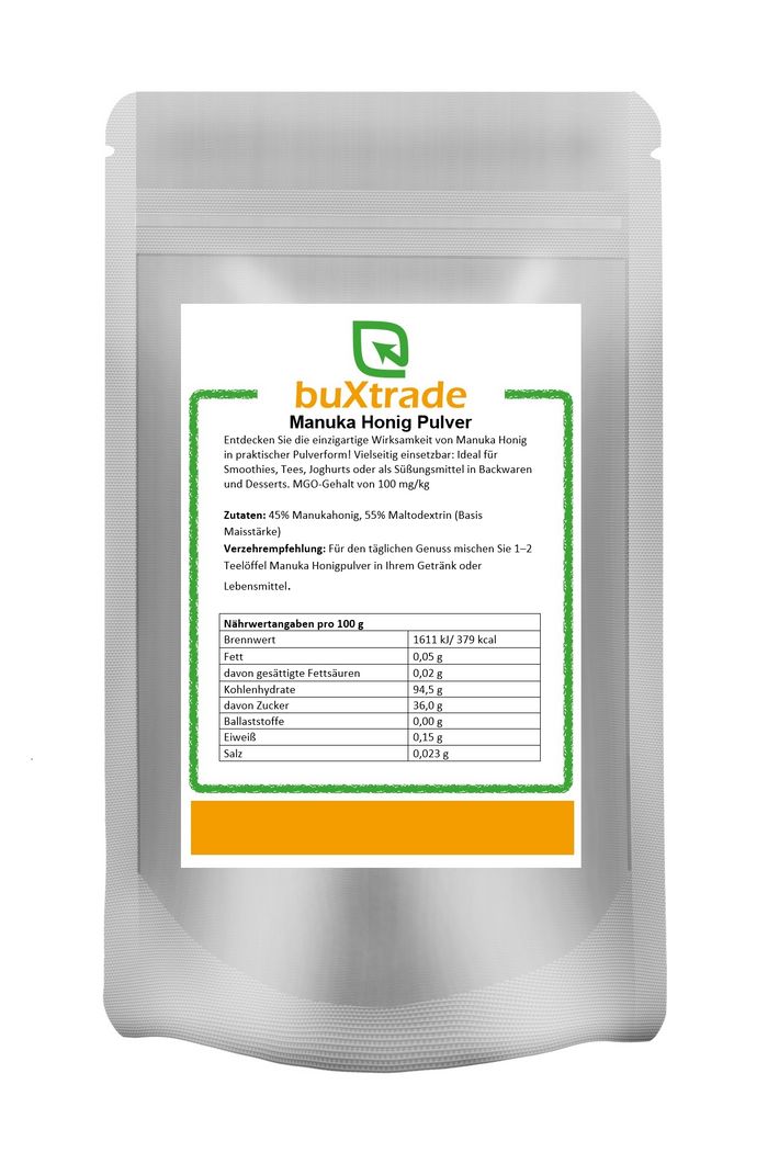 Beutel mit Manuka Honig Pulver. Aufschrift: buXtrade. Enthält Nährwertangaben und Zutatenliste.