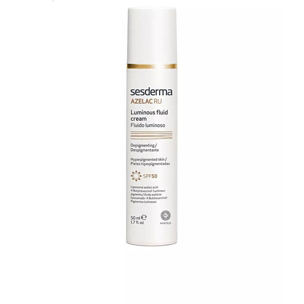 Sesderma Azelac Ru Luminous Fluid Cream. Weißes Fläschchen mit goldenem Ring. Text: SPF50, Luminous Fluid Cream, Depigmenting.