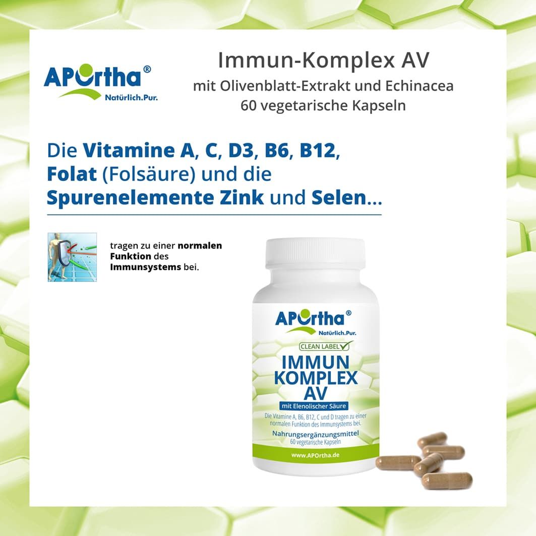 Weiße Flasche mit APOrtha® Immun-Komplex AV Kapseln und Kapseln daneben. Enthält Vitamine und Spurenelemente.