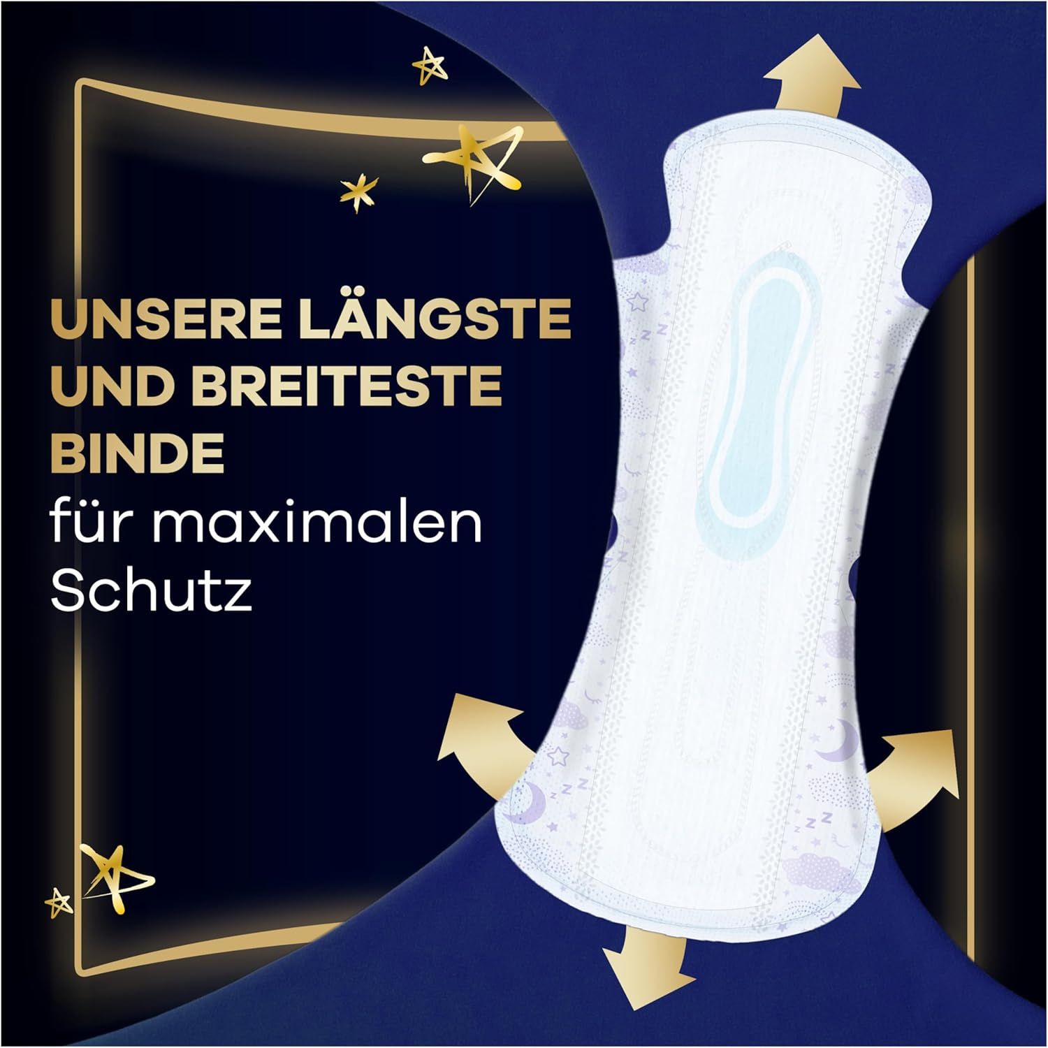Binde mit Pfeilen. Text: Unsere längste und breiteste Binde für maximalen Schutz.