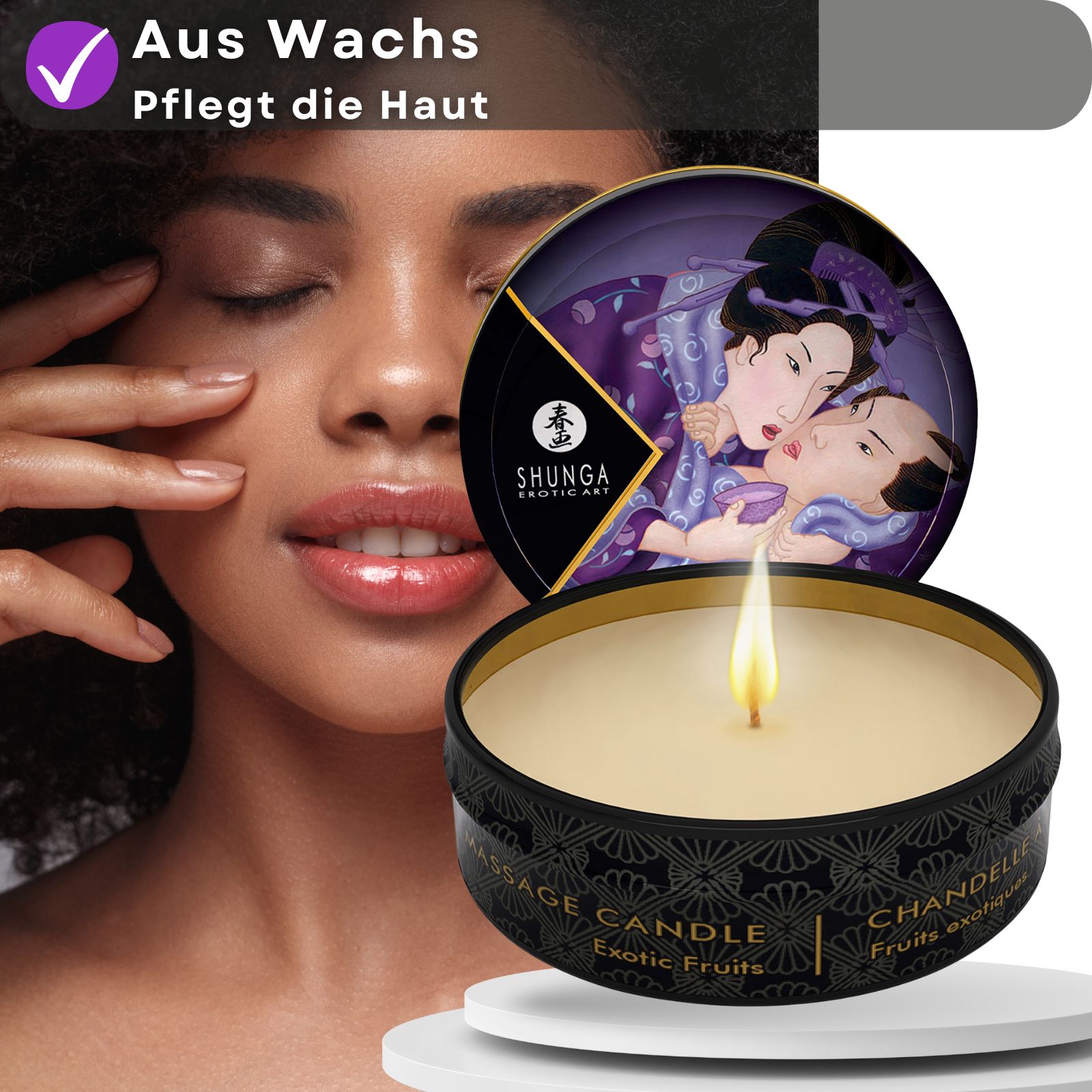 Massagekerze in schwarzer Dose. Geisha-Illustration auf dem Deckel. Frau berührt ihr Gesicht. Aufschrift: Massage Candle Exotic Fruits.