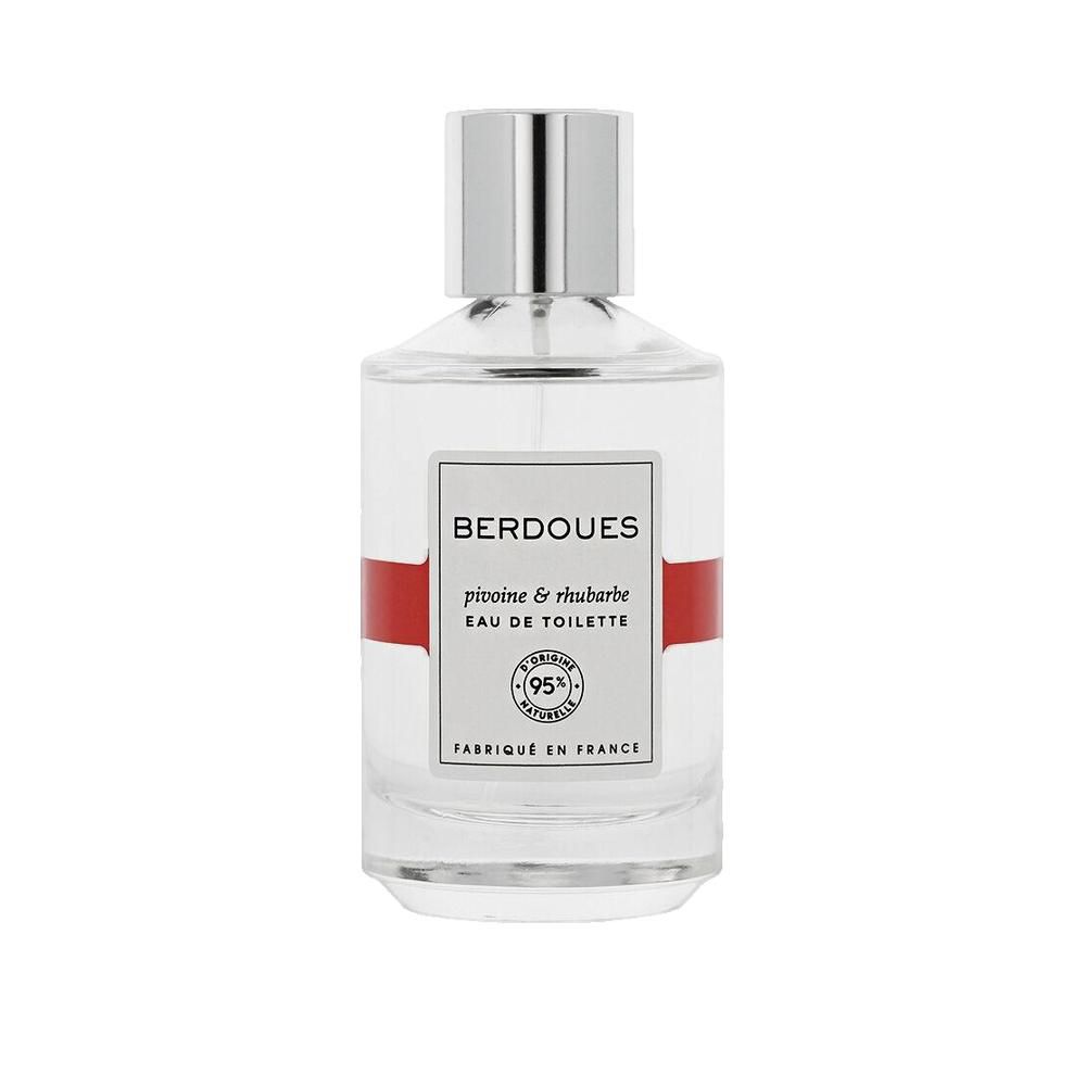 Glasflakon mit silbernem Verschluss. Aufschrift: BERDOUES, pivoine & rhubarbe, Eau de Toilette. 95% naturelle. Hergestellt in Frankreich.