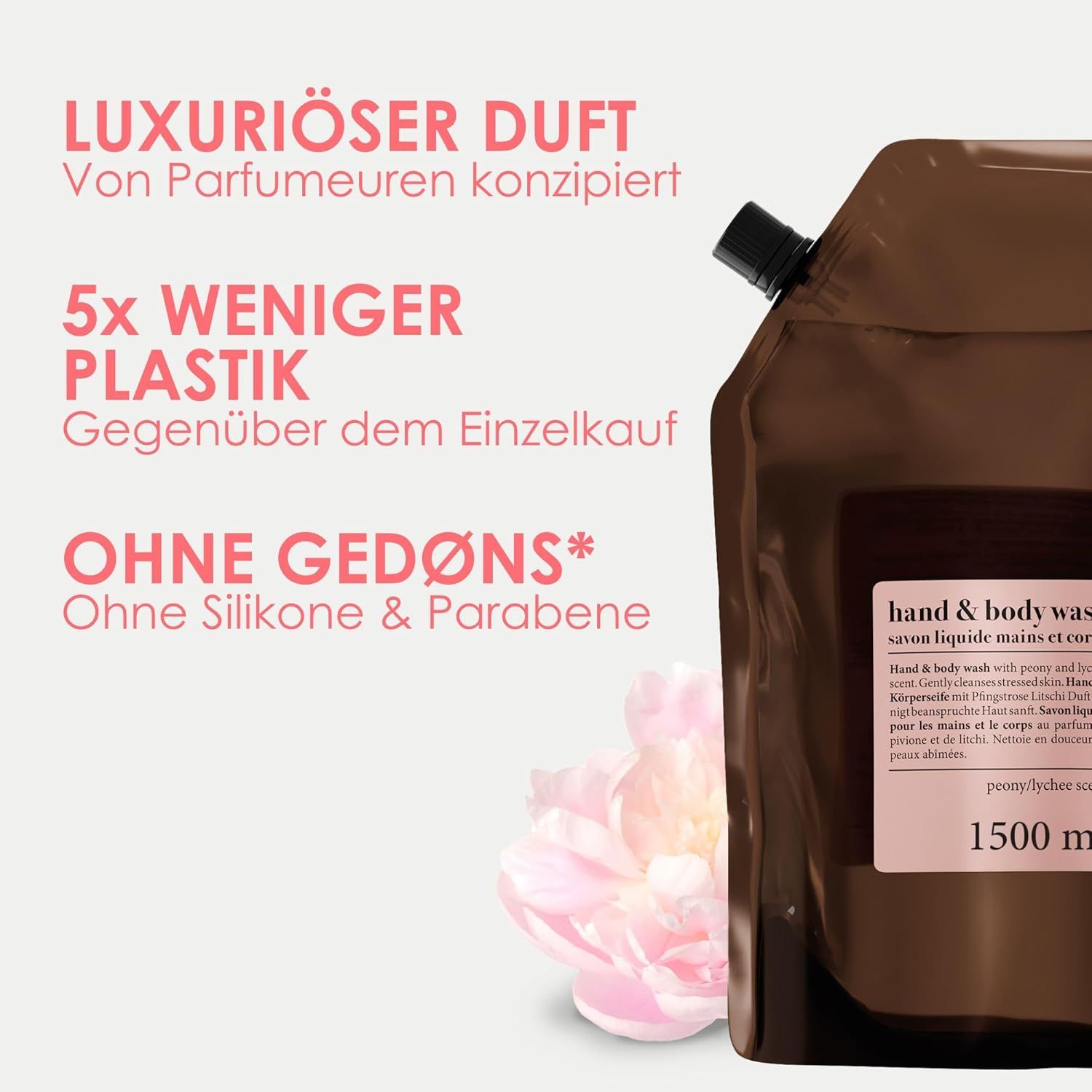 Braune Nachfüllpackung mit Produktinformationen. Text: Luxuriöser Duft, 5x weniger Plastik, Ohne Gedöns, Ohne Silikone & Parabene.