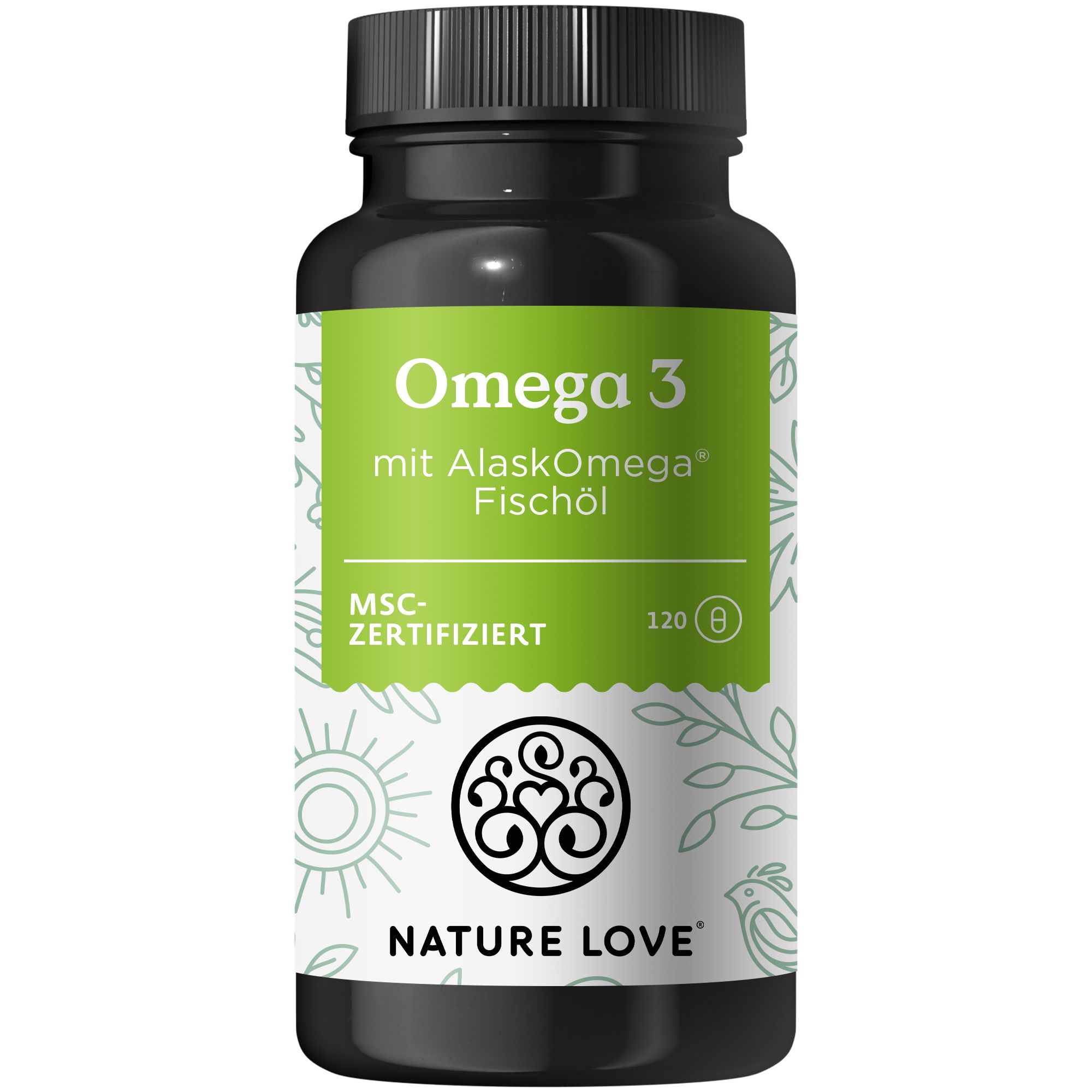 Schwarze Flasche mit grünem Etikett. Aufschrift: Omega 3 mit AlaskOmega Fischöl. MSC-zertifiziert. 120 Kapseln. NATURE LOVE Logo.
