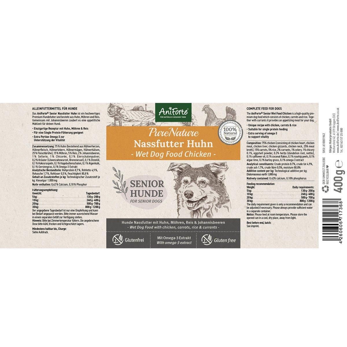 Etikett von Aniforte Nassfutter SENIOR Huhn. Text: PureNature, Nassfutter Huhn, SENIOR Hunde. Illustration eines Hundes. Glutenfrei.