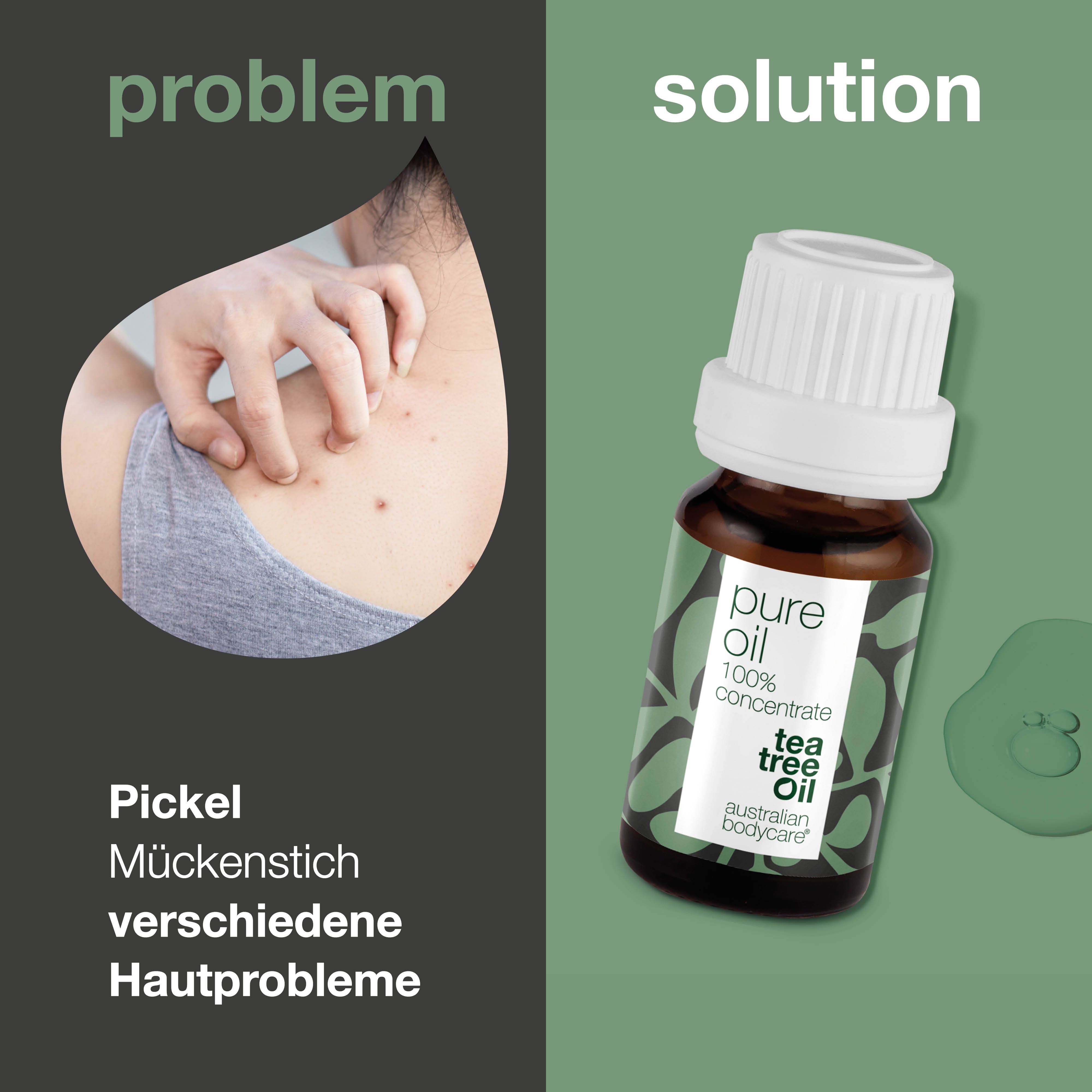 Grafik mit Problem und Lösung. Problem: Pickel, Mückenstich, Hautprobleme. Lösung: Flasche mit Text: pure oil, tea tree oil, australian bodycare.