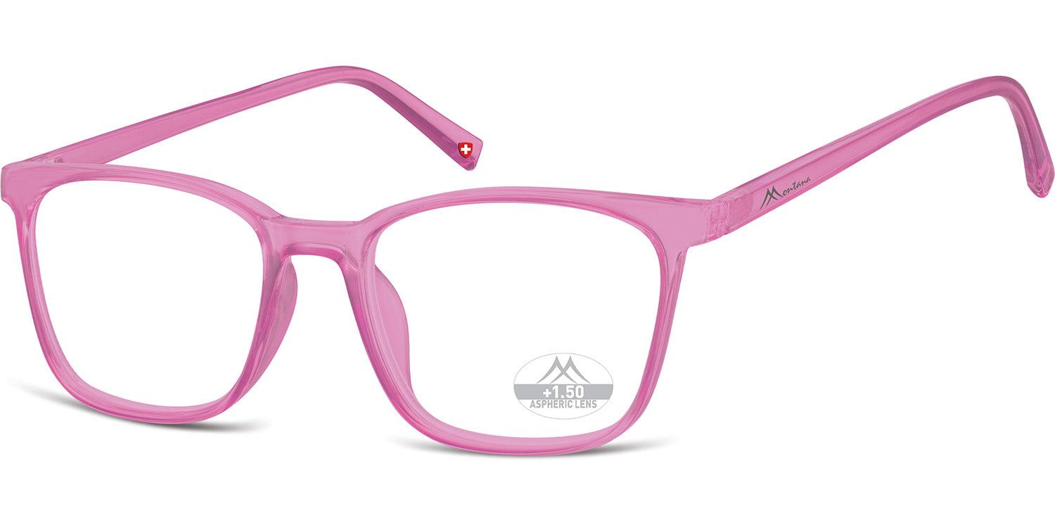 Rosa Brille mit rechteckigen Gläsern. Auf dem Bügel ist ein Logo und ein Schweizer Kreuz abgebildet. Auf dem Glas steht "+1.50".