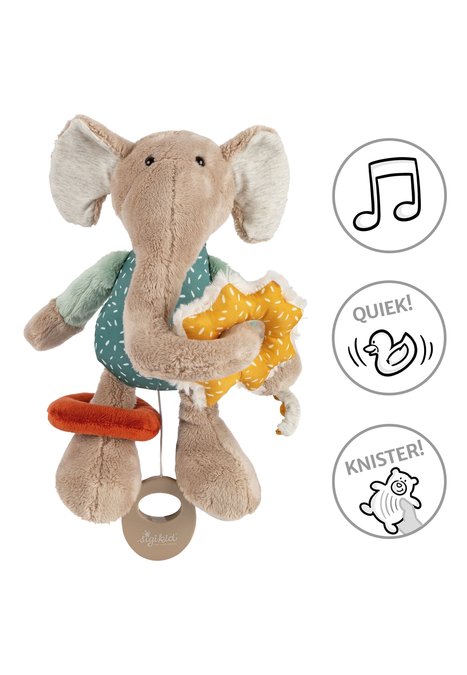Plüschelefant mit Stern und Ring. Grün-blaues Oberteil, orangefarbener Ring. Musik-, Quietsch- und Knisterfunktion.