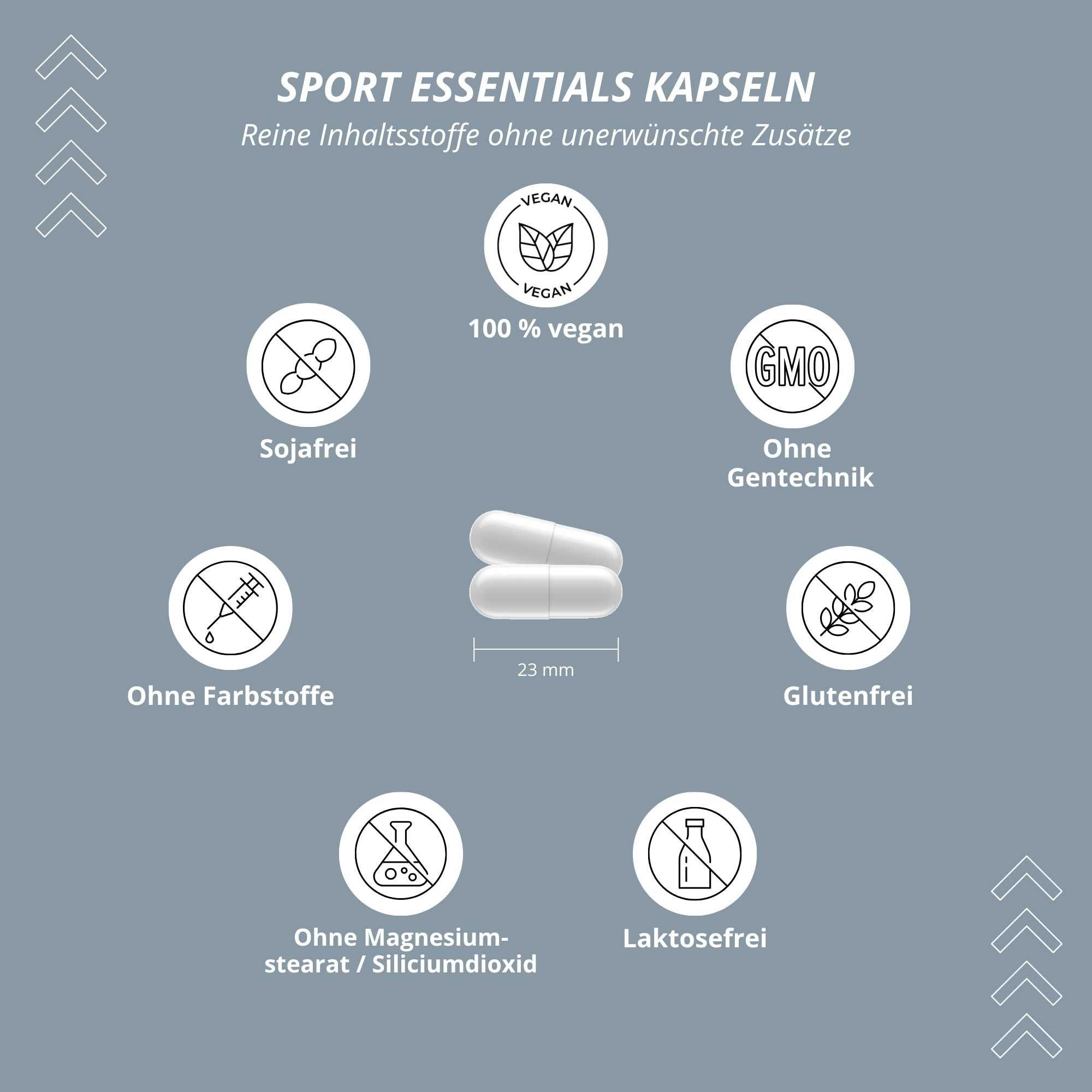 Nutri+ Sport Essentials Kapseln: vegan, ohne Magnesiumstearat/Siliciumdioxid.